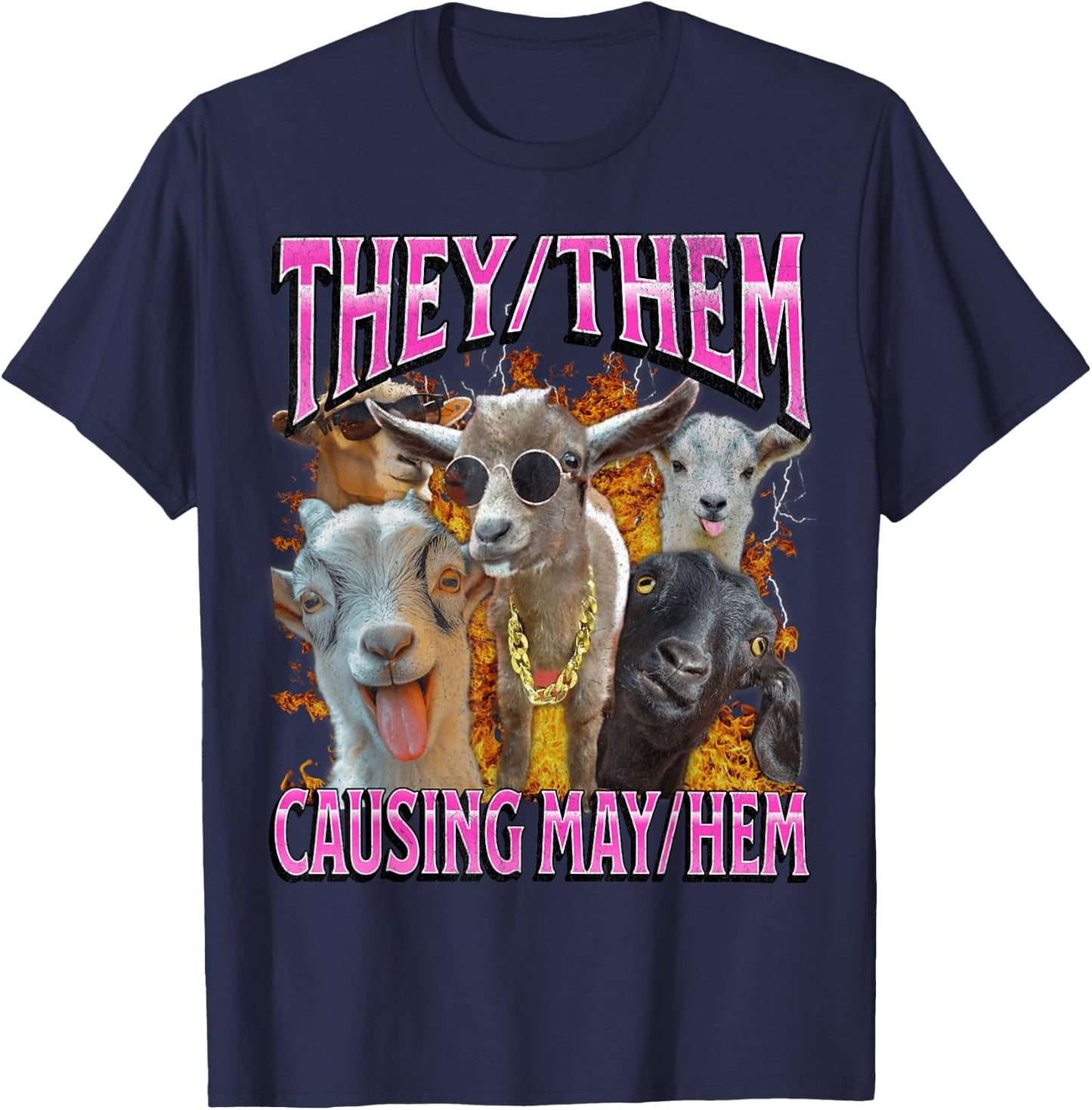 They Them Causing Mayhem Funny Goat Humor Lgbtq Bootleg T-Shirt - T-Shirt | Navy