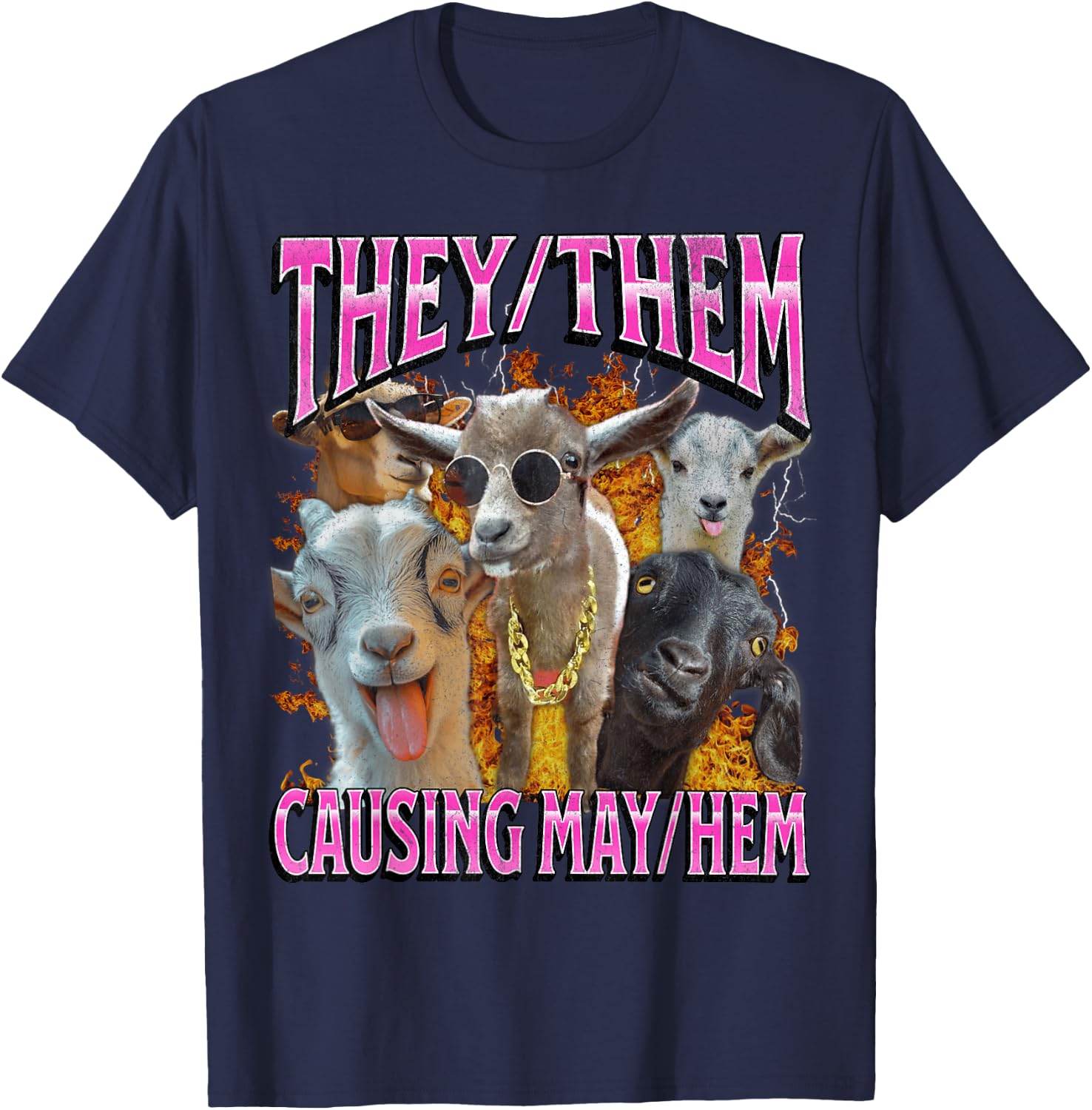 They Them Causing Mayhem Funny Goat Humor Lgbtq Bootleg T-Shirt - T-Shirt | Navy