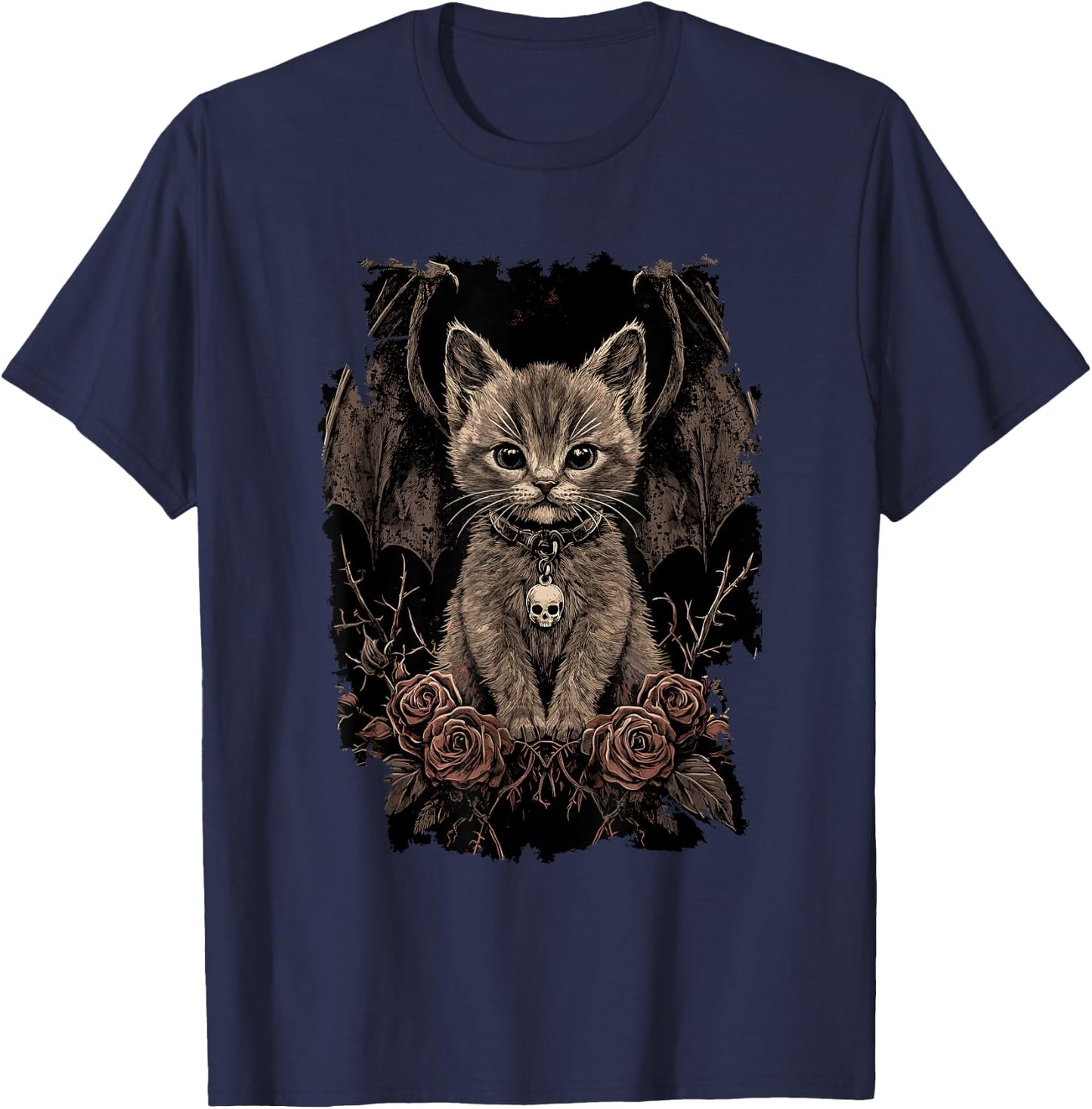Mystic Cat with Wings - Gothic , Black, S T-Shirt - T-Shirt | Navy