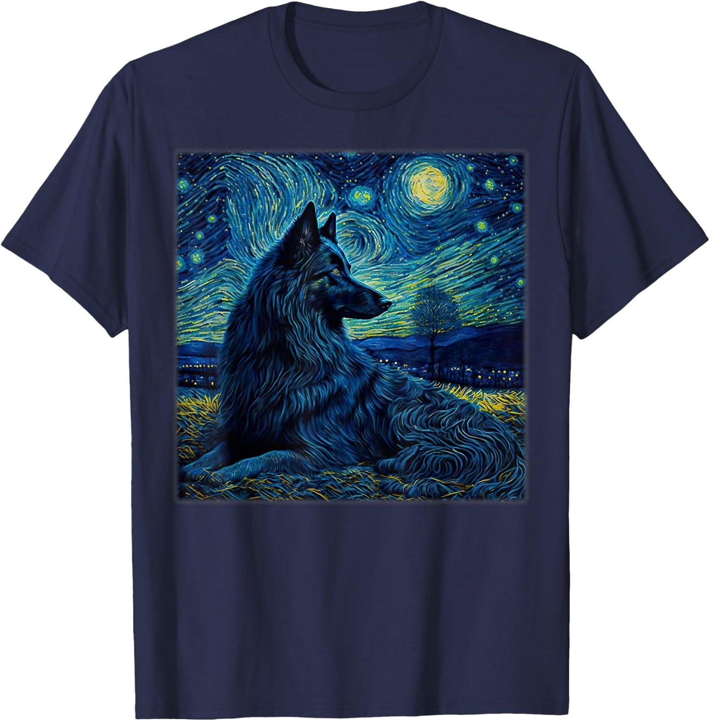 Surrealism Starry Night Belgian Shepherd Dog T-Shirt - T-Shirt | Navy