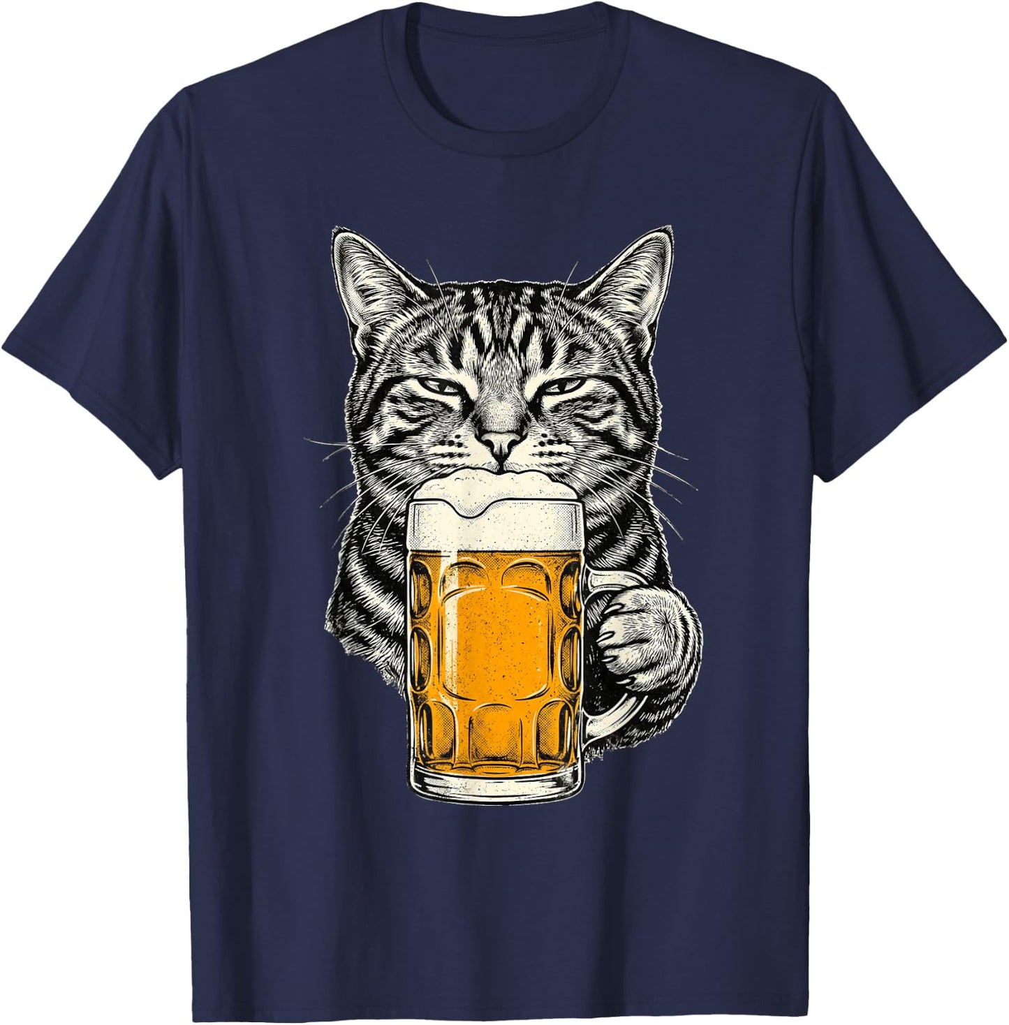 Cat Drinking Beer Funny Retro Vintage Tabby Cat Lover T-Shirt - T-Shirt | Navy