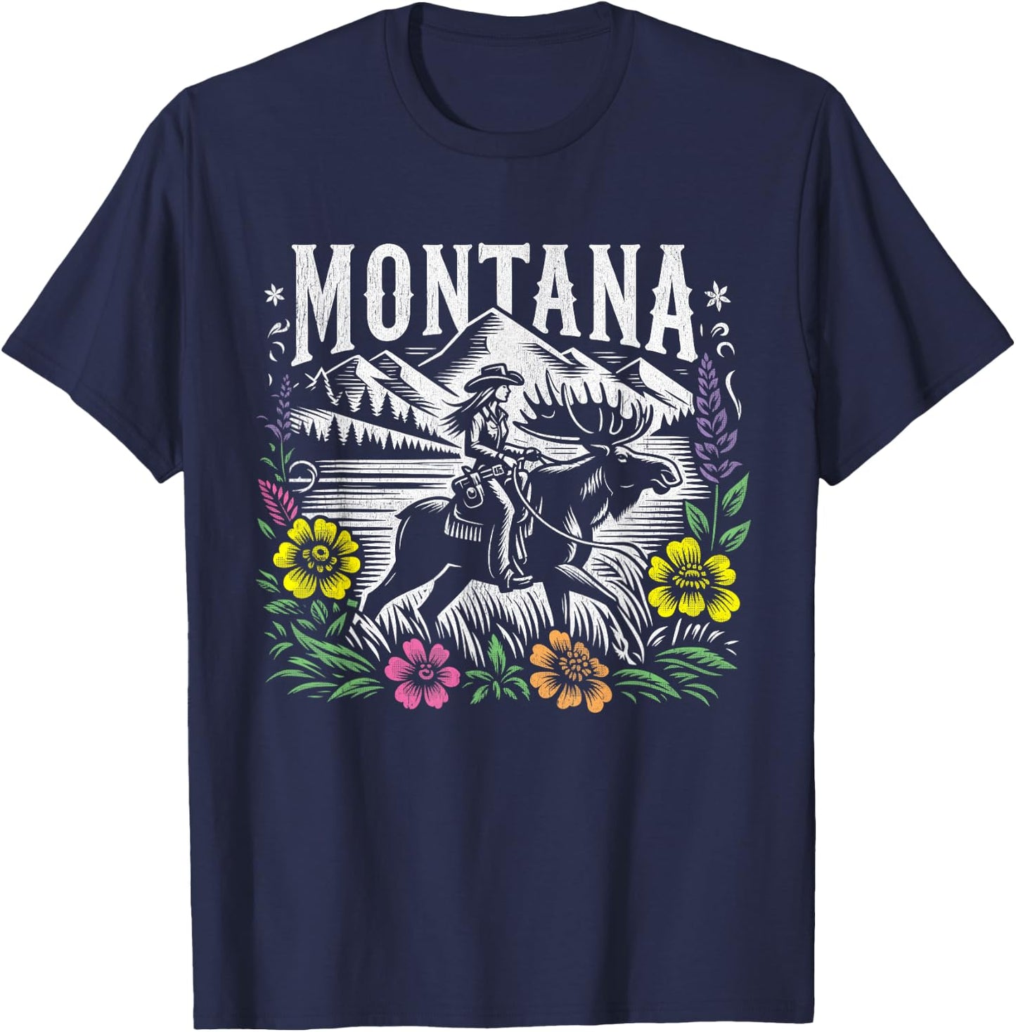 Montana Cowgirl Riding a Moose - Retro Look T-Shirt - T-Shirt | Navy