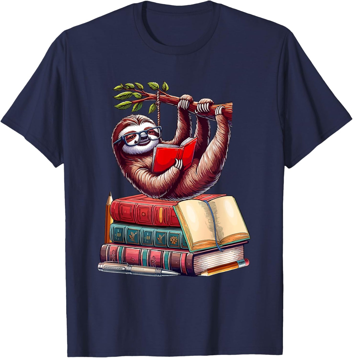Sloth Reading Books Matching Bookworm Readers Librarian T-Shirt - T-Shirt | Navy