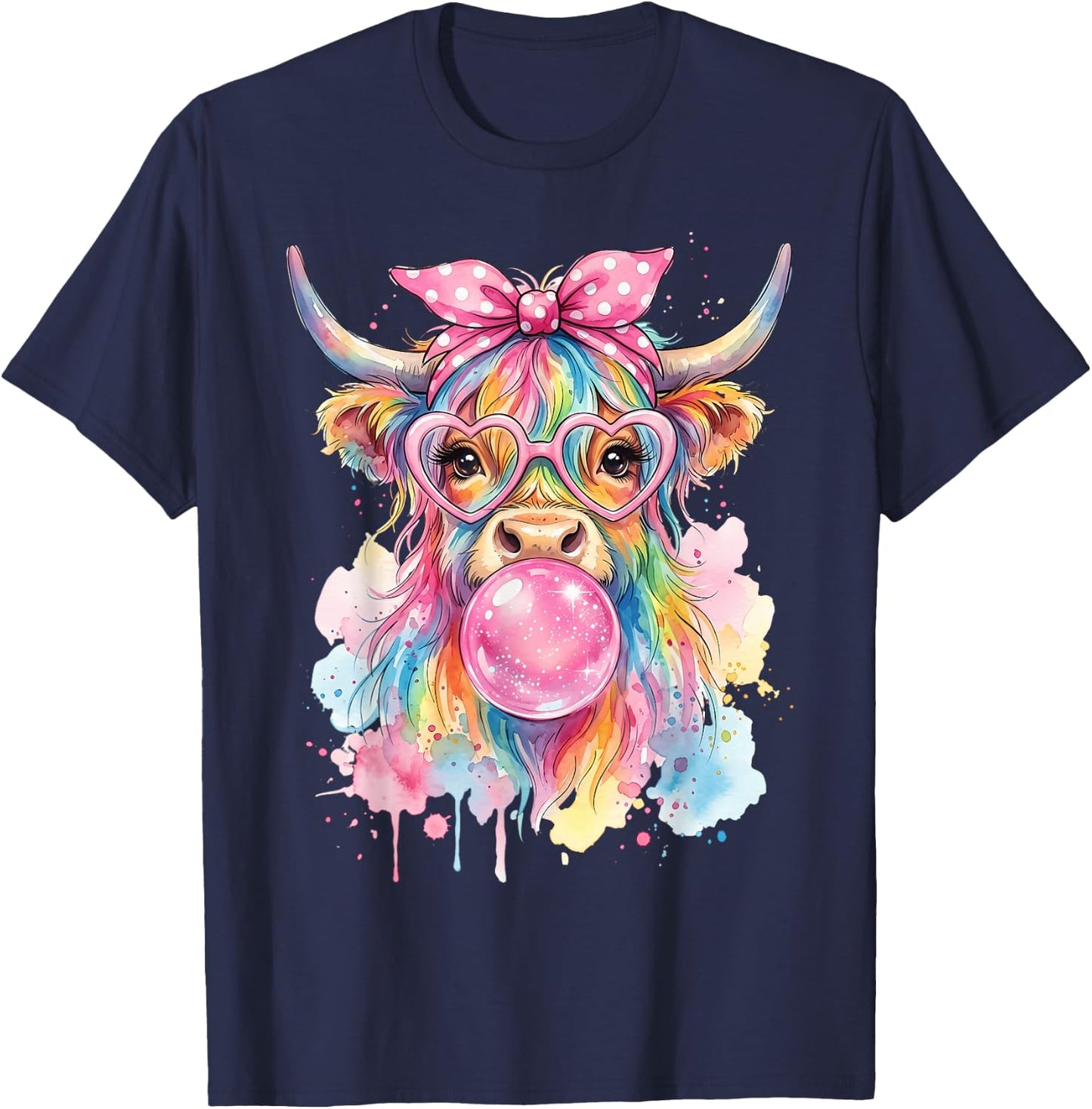 Highland Cow Blowing Bubblegum T-Shirt - T-Shirt | Navy