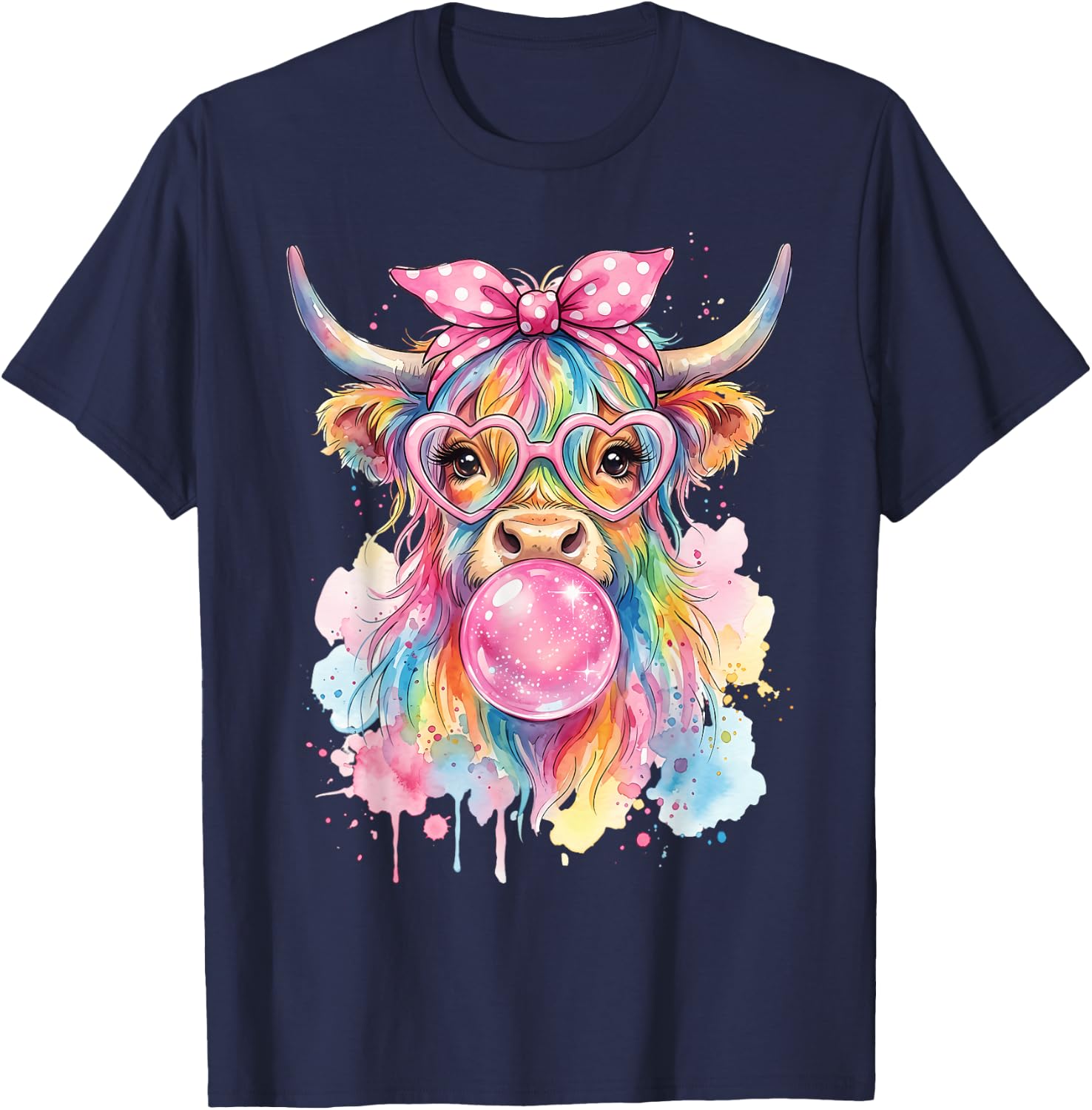Highland Cow Blowing Bubblegum T-Shirt - T-Shirt | Navy