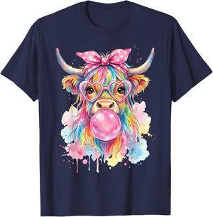Highland Cow Blowing Bubblegum T-Shirt - T-Shirt | Navy