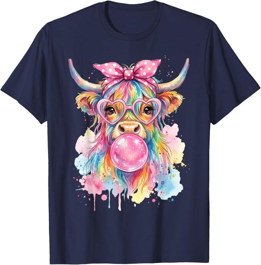 Highland Cow Blowing Bubblegum T-Shirt - T-Shirt | Navy