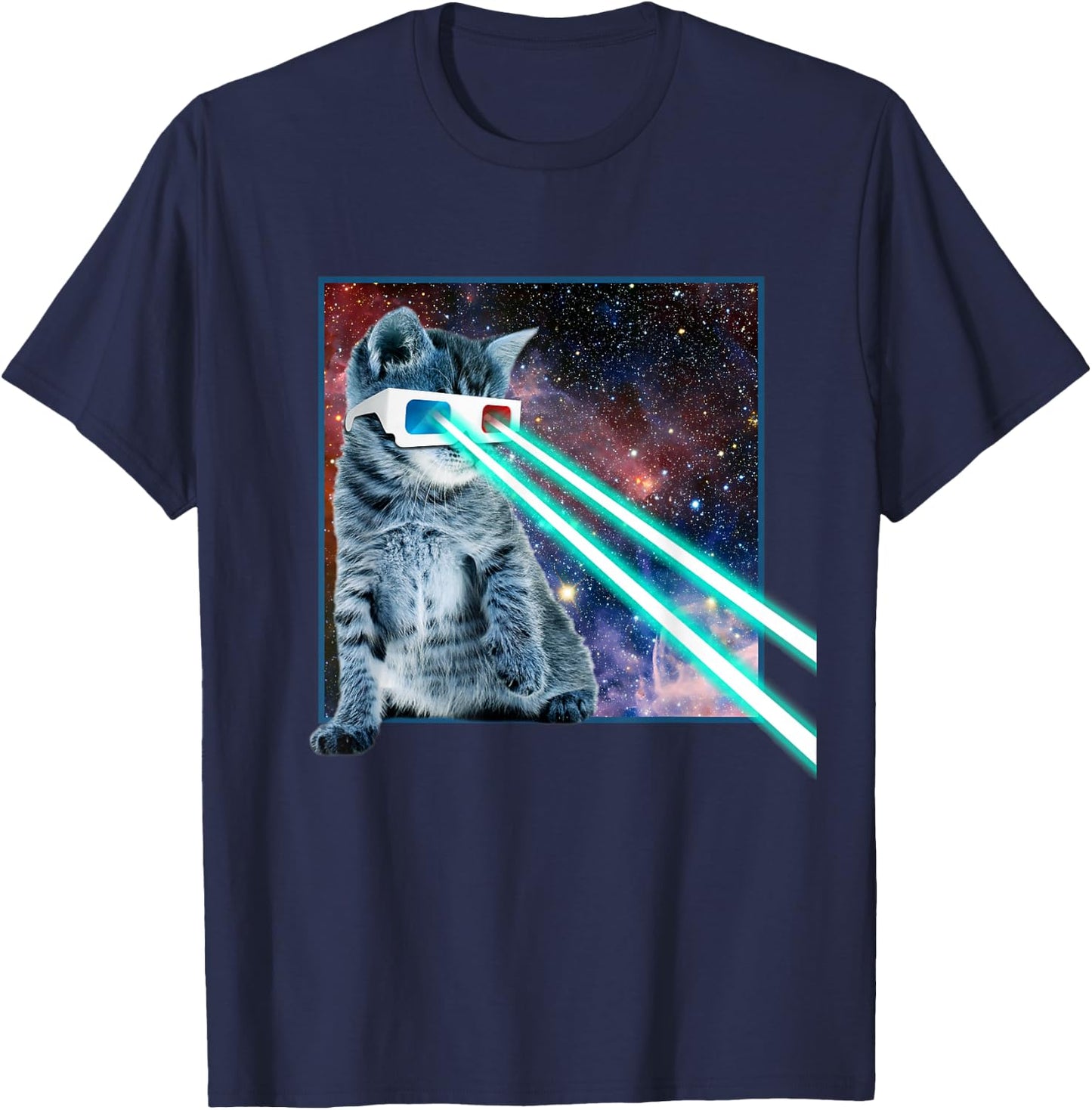 Laser Eyes Space Cat | Funny Kitty 3D Glasses Gift T-Shirt - T-Shirt | Navy