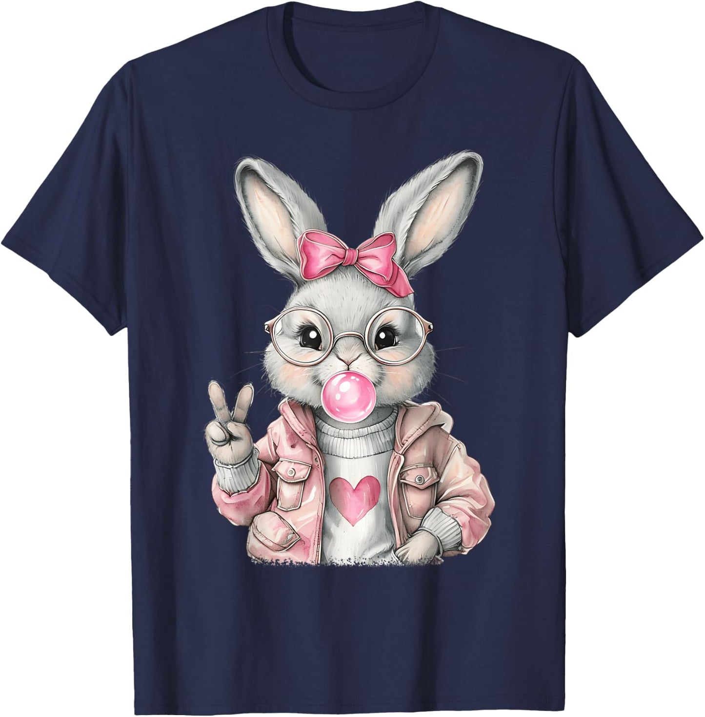 Rabbit Bunny Blowing Bubble Gum Easter Day Cute Girl Women T-Shirt - T-Shirt | Navy