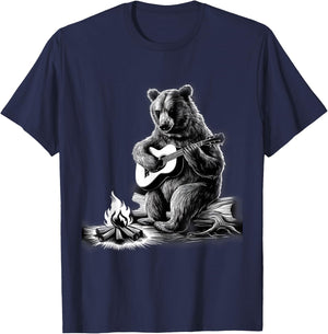 Bear Playing Guitar Rock on Campfire Bear T-Shirt - T-Shirt | Navy