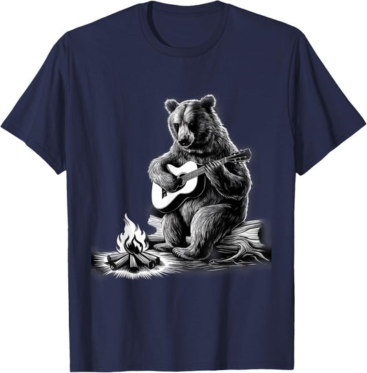 Bear Playing Guitar Rock on Campfire Bear T-Shirt - T-Shirt | Navy
