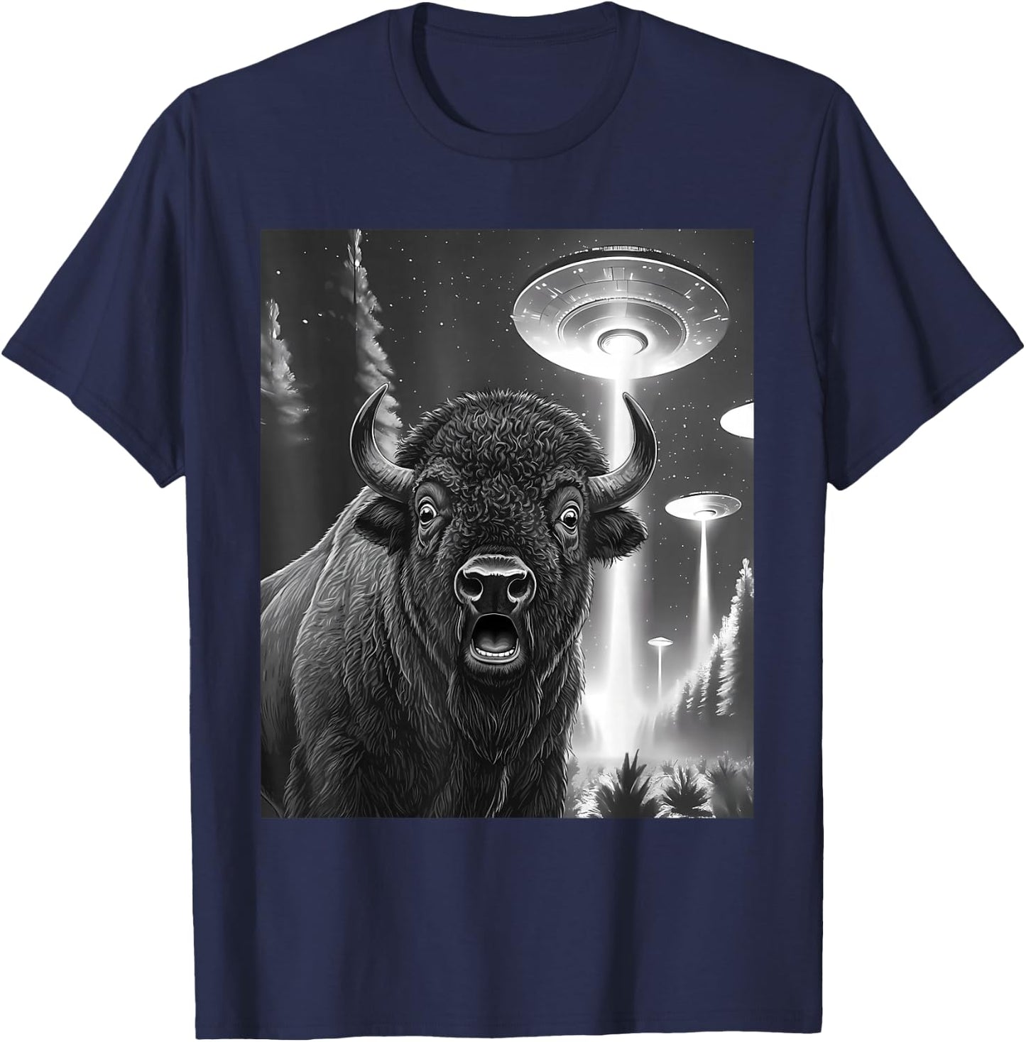Funny Bison Alien UFO Taking a Selfie Animal Lover Retro T-Shirt - T-Shirt | Navy