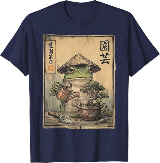 Funny Frog Bonsai Gardening Japanese Style Plant Lover T-Shirt - T-Shirt | Navy