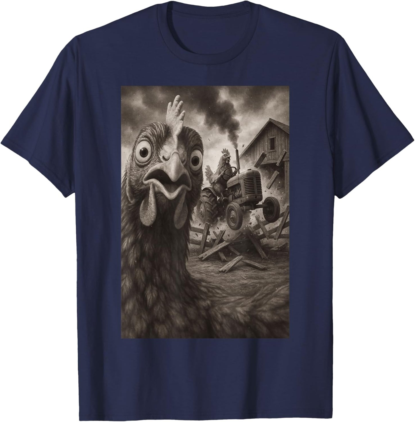 Chicken Tractor Rampage Funny Bird Art T-Shirt - T-Shirt | Navy