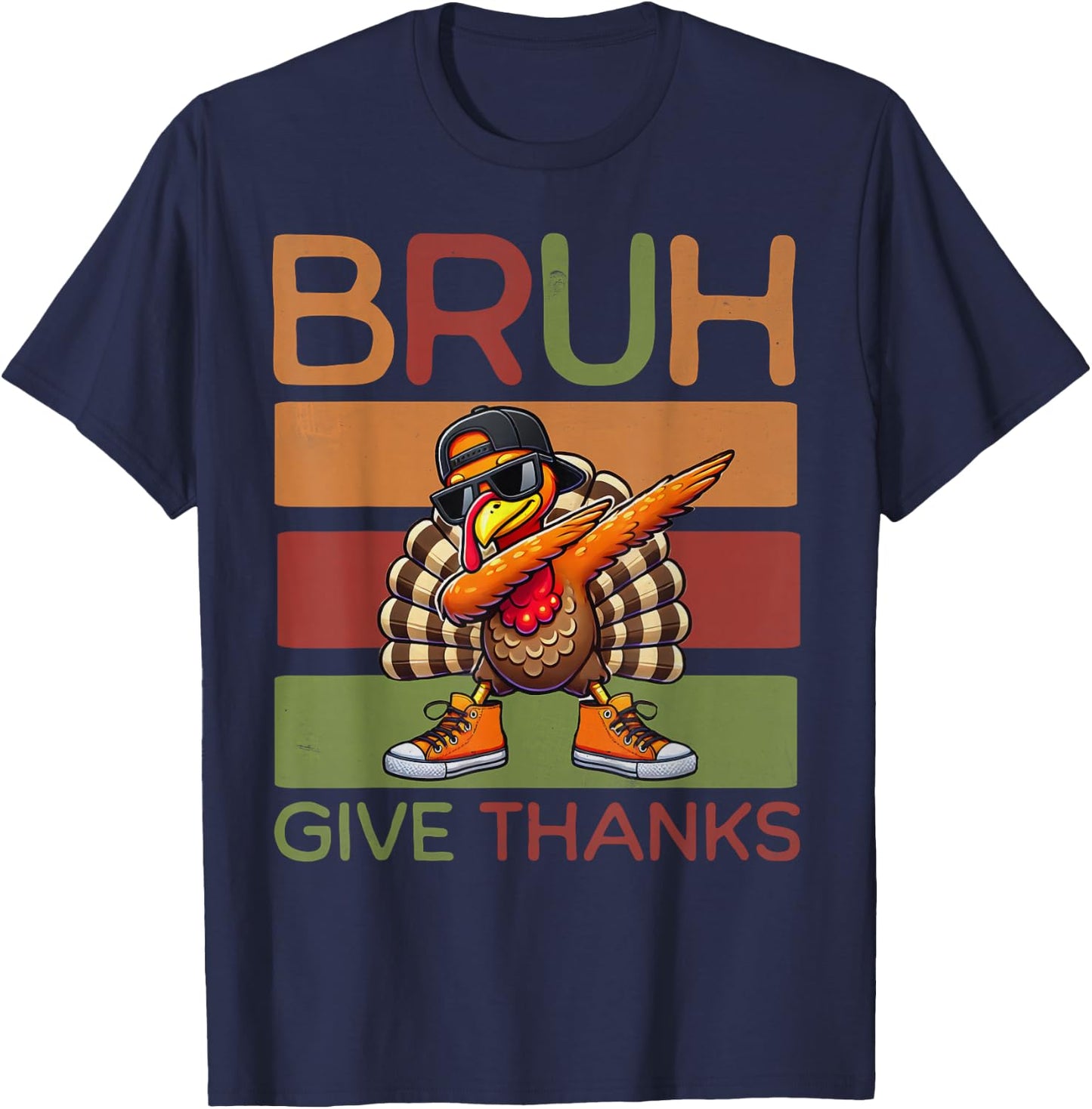 Bruh Give Thanks Retro Dabbing Turkey Thanksgiving Boys Kids T-Shirt - T-Shirt | Navy