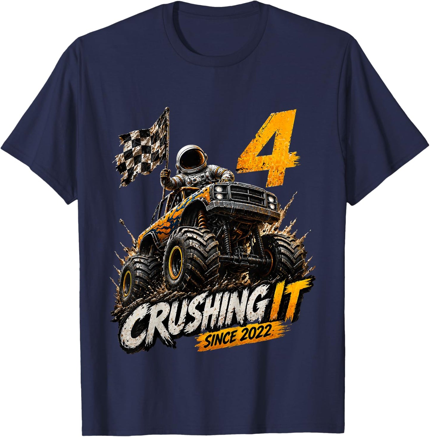 Kids 4th Birthday Monster Truck Astronaut 4 Year Old Boys Kids T-Shirt - T-Shirt | Navy