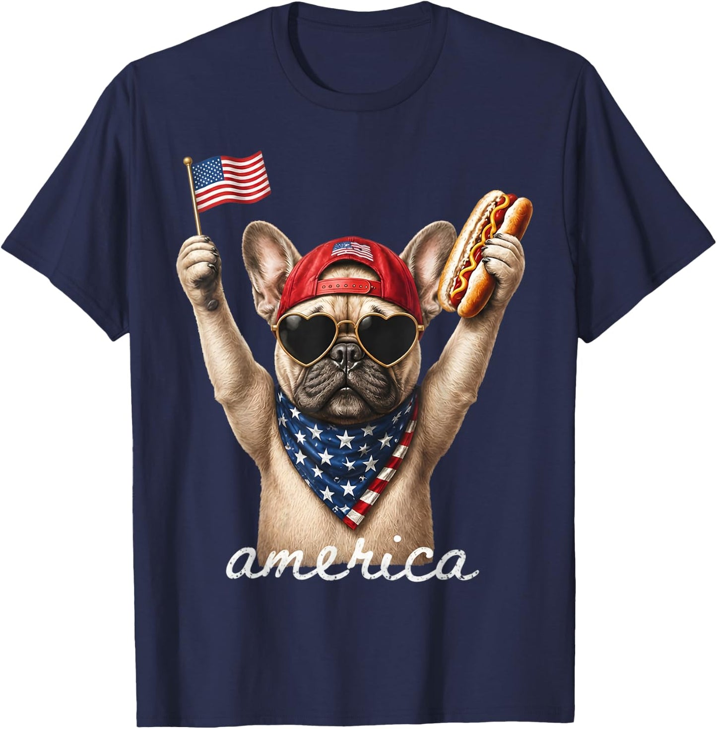 USA America French Bulldog Hot Dog 1776-2026 4th of July T-Shirt - T-Shirt | Navy