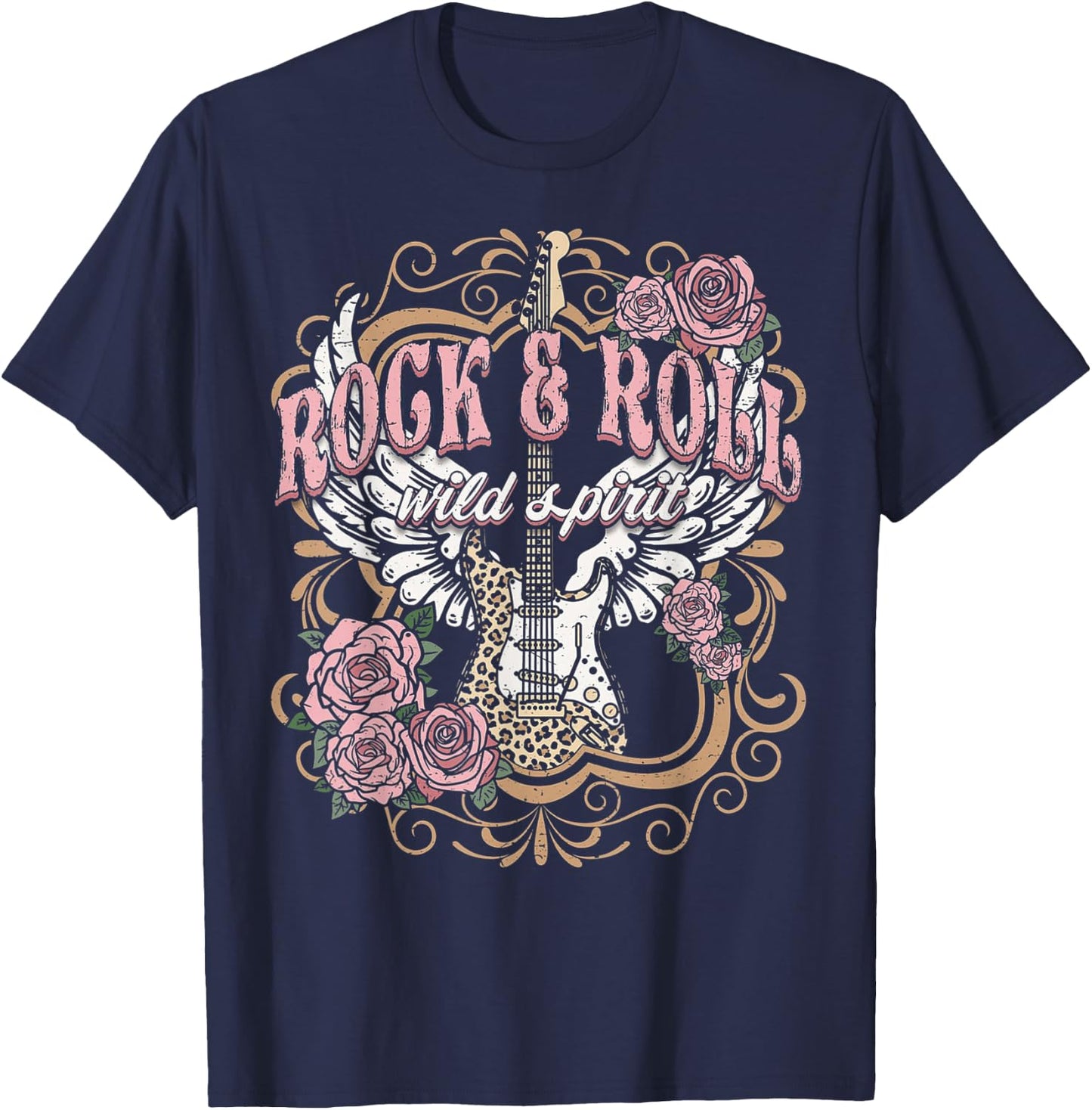 Rock and Roll Wild Spirit Boho Angel Wings Floral Guitar , black T-Shirt - T-Shirt | Navy