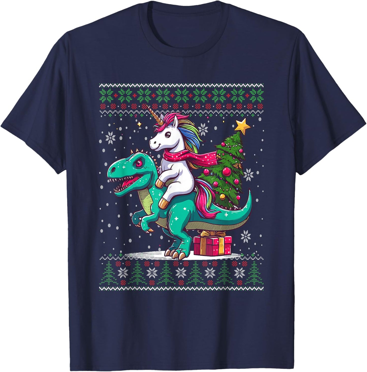 Christmas Unicorn Riding a Dinosaur Ugly Christmas Sweater T-Shirt - T-Shirt | Navy