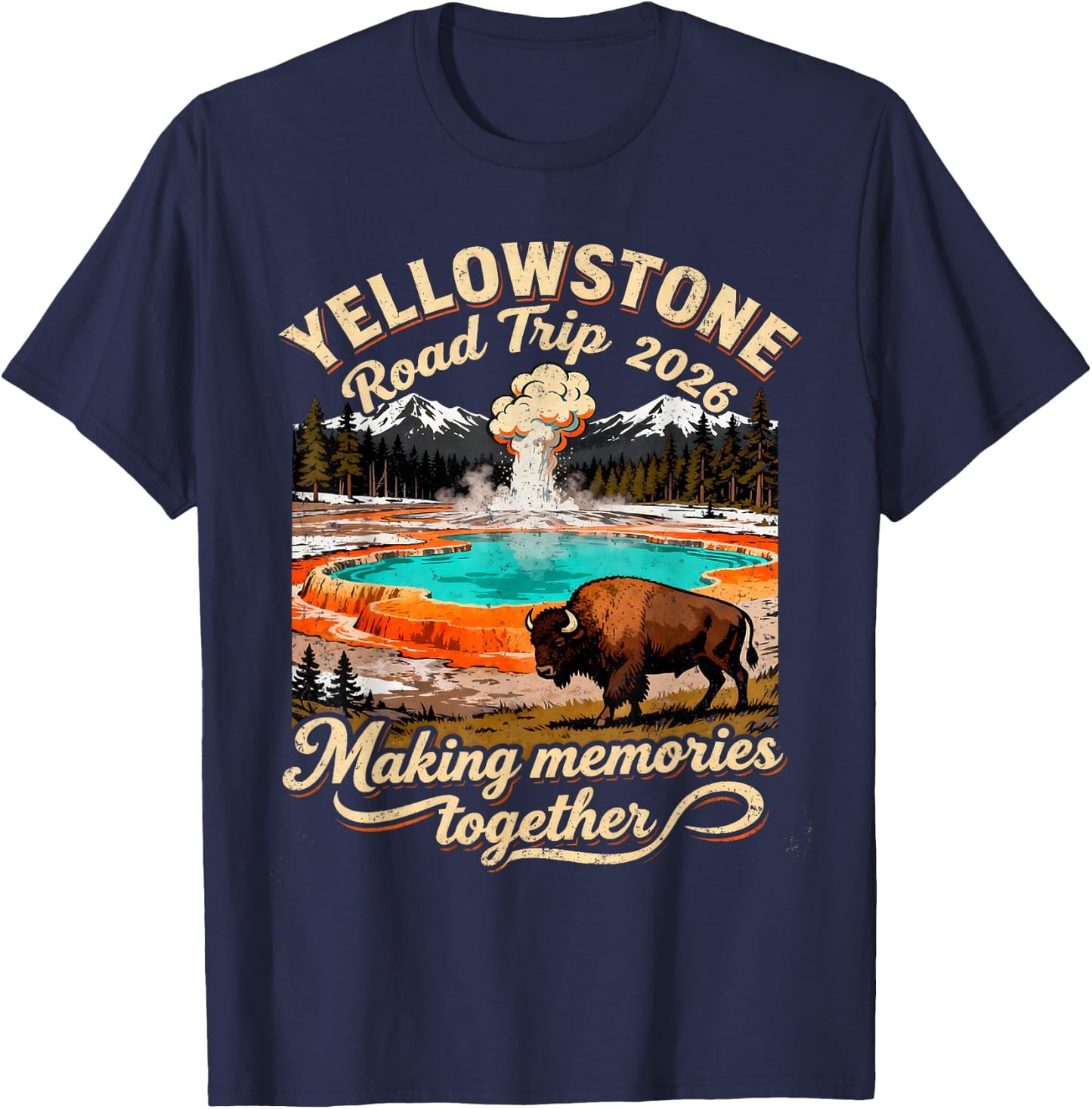 Vintage Yellowstone Road Trip 2026 Mountain Nature Gift T-Shirt - T-Shirt | Navy