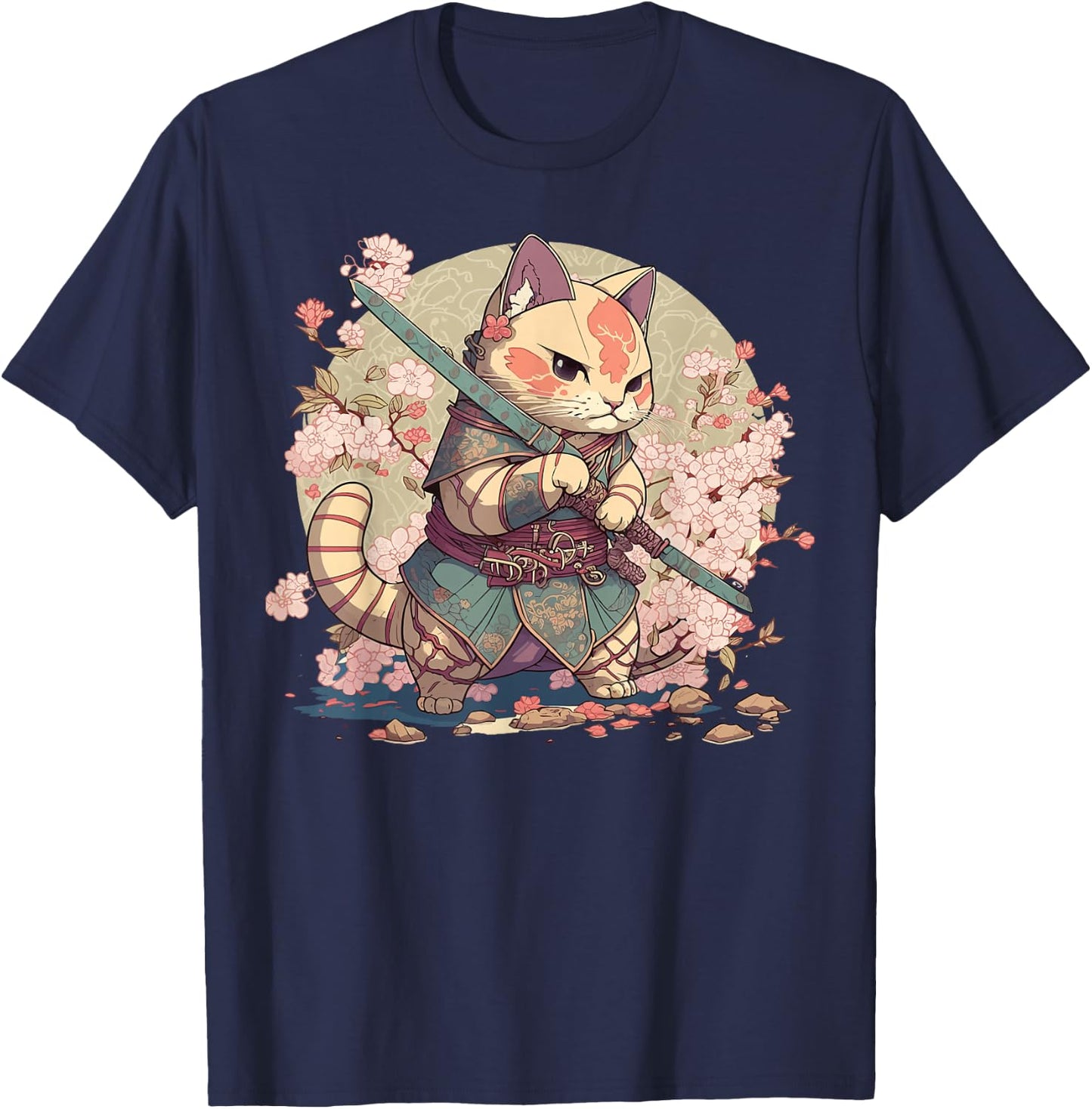 Japanese Samurai Warriors & Funny Kawaii Animes Samurai Cat Warrior Japanische Ninja-Katze Kawaii Schwarz Erwachsene und Kinder Kurzarm Klein T-Shirt - T-Shirt | Navy