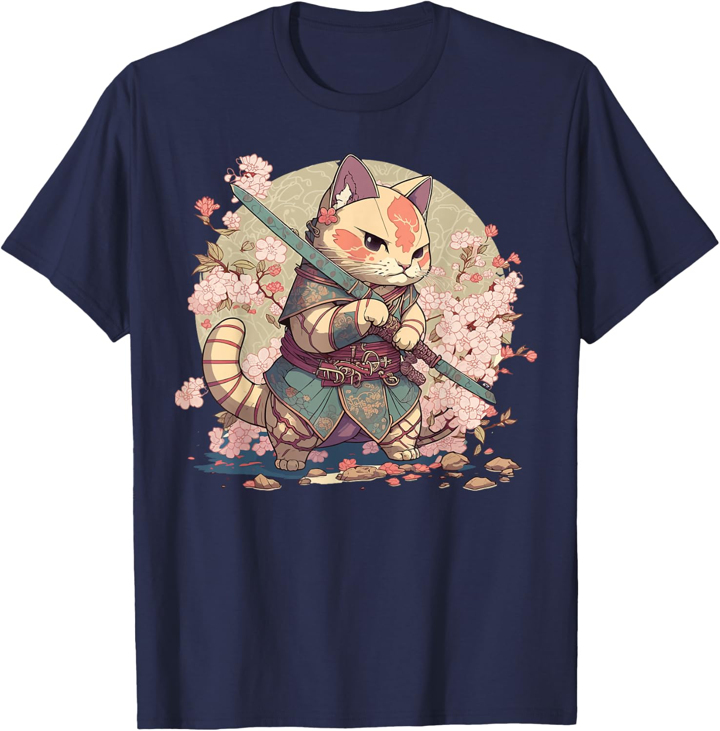 Japanese Samurai Warriors & Funny Kawaii Animes Samurai Cat Warrior Japanische Ninja-Katze Kawaii Schwarz Erwachsene und Kinder Kurzarm Klein T-Shirt - T-Shirt | Navy