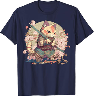 Japanese Samurai Warriors & Funny Kawaii Animes Samurai Cat Warrior Japanische Ninja-Katze Kawaii Schwarz Erwachsene und Kinder Kurzarm Klein T-Shirt - T-Shirt | Navy