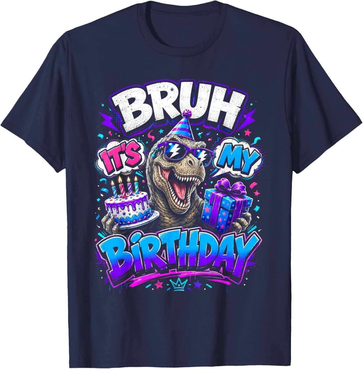 Bruh Its My Birthday Dinosaur T-rex Men Boy Kids Funny Party T-Shirt - T-Shirt | Navy