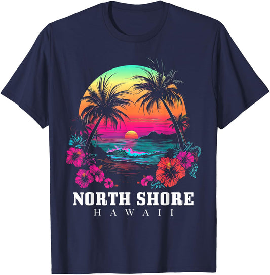 Surfer Souvenir North Shore Oahu Hawaii Hibiscus T-Shirt - T-Shirt | Navy