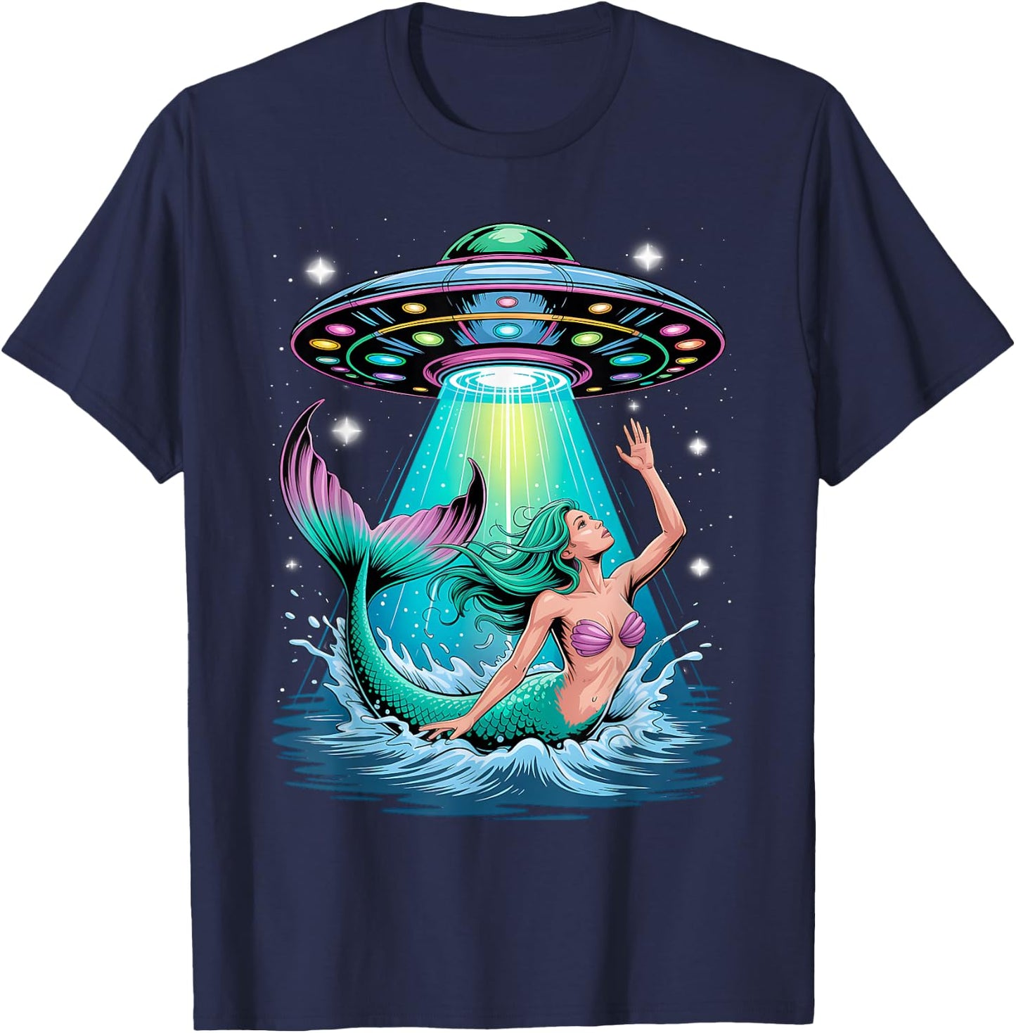 Mermaid Abduction Alien Invasion Funny UFO Spaceship T-Shirt - T-Shirt | Navy