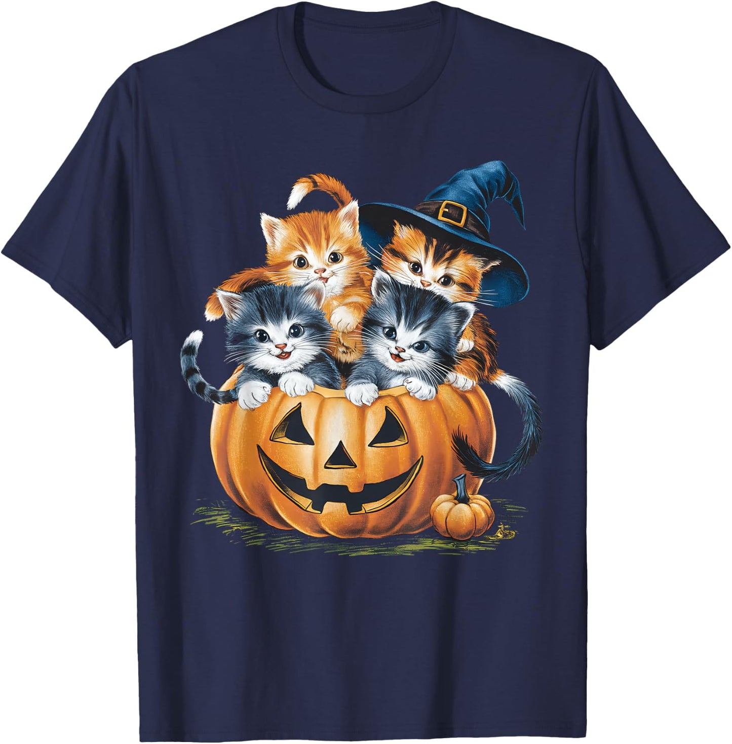 Vintage 90s Cat Pumpkin Halloween Retro Floral Spooky Season T-Shirt - T-Shirt | Navy