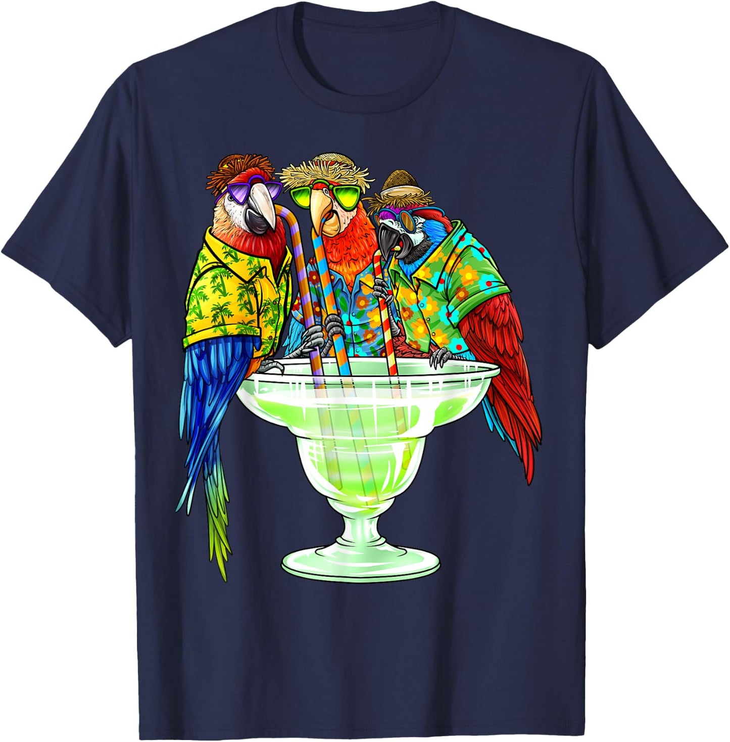 Parrots Drinking Margarita Hawaiian Vacation Birds T-Shirt - T-Shirt | Navy