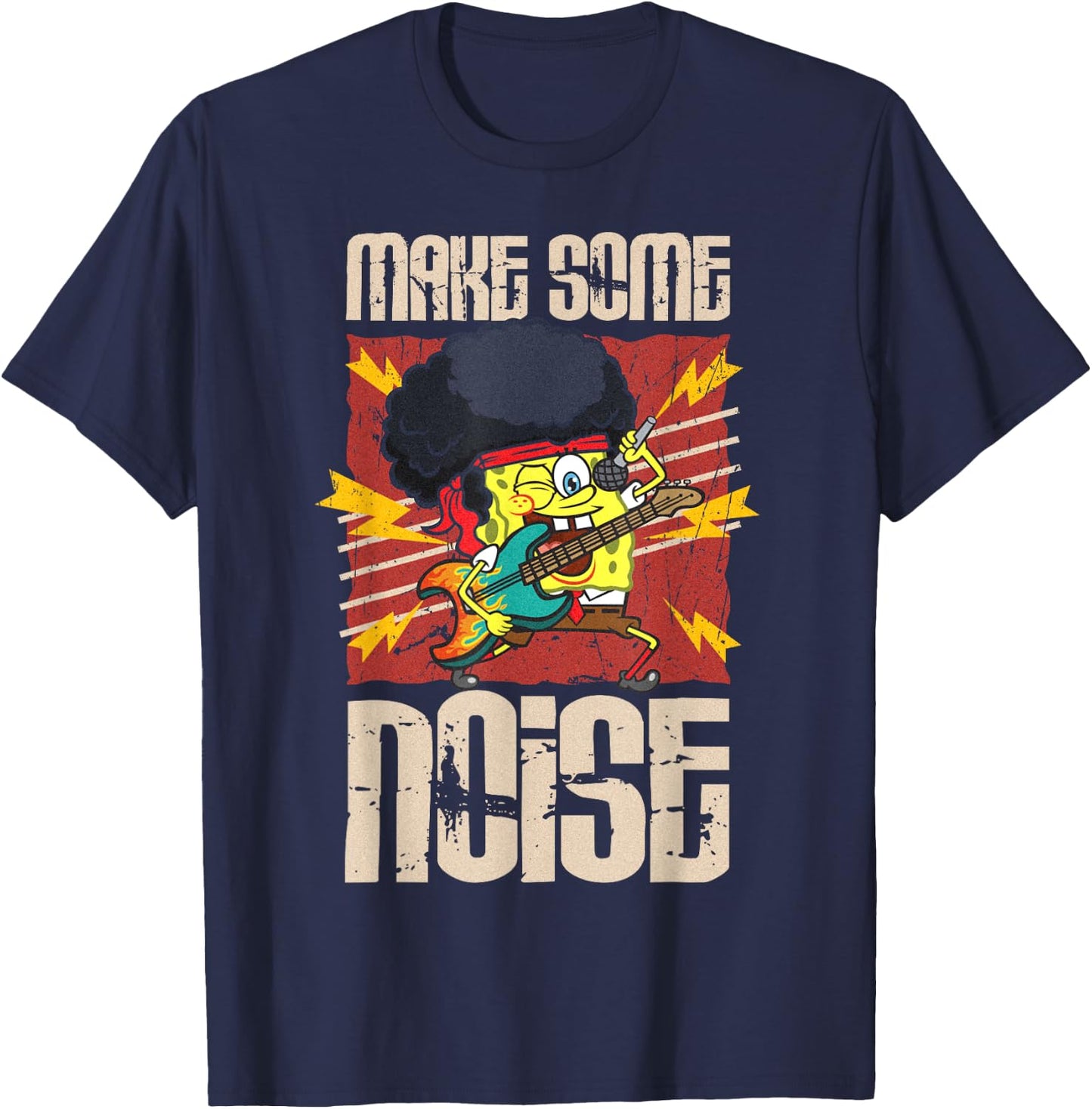 Mademark x SpongeBob SquarePants - SpongeBob Make Some Noise Rock and Roll Heavy Metal Retro T-Shirt - T-Shirt | Navy