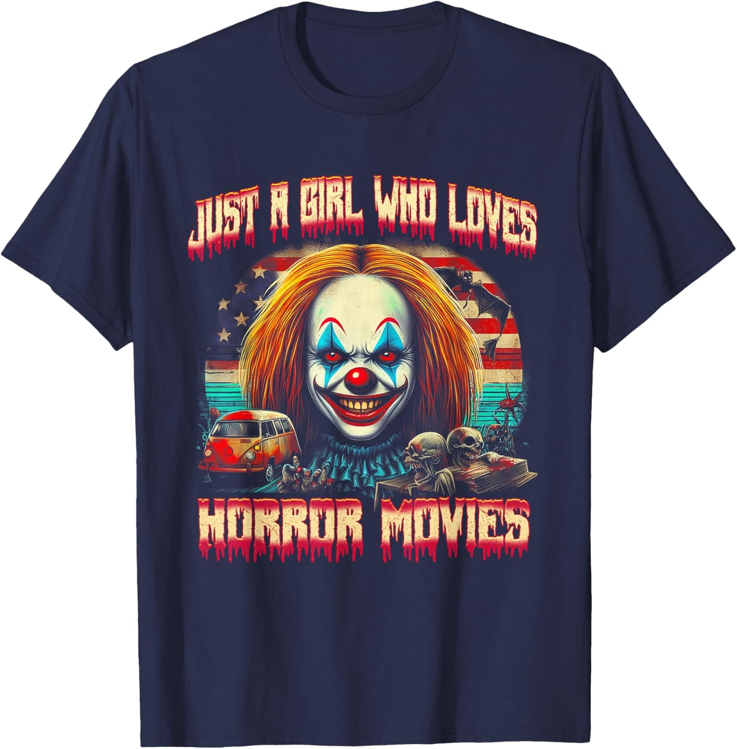 Vintage Just Girl Who Loves Horror Movies Clown Halloween T-Shirt - T-Shirt | Navy