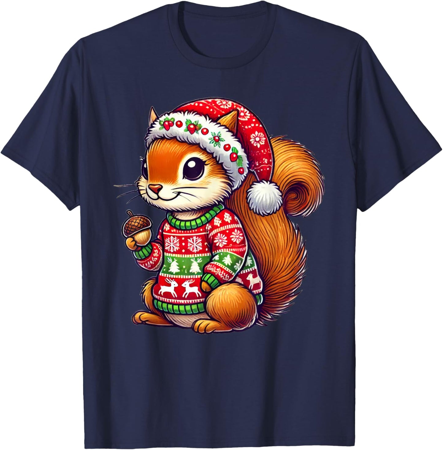 Squirrel Ugly Sweater Santa Hat Christmas T-Shirt - T-Shirt | Navy