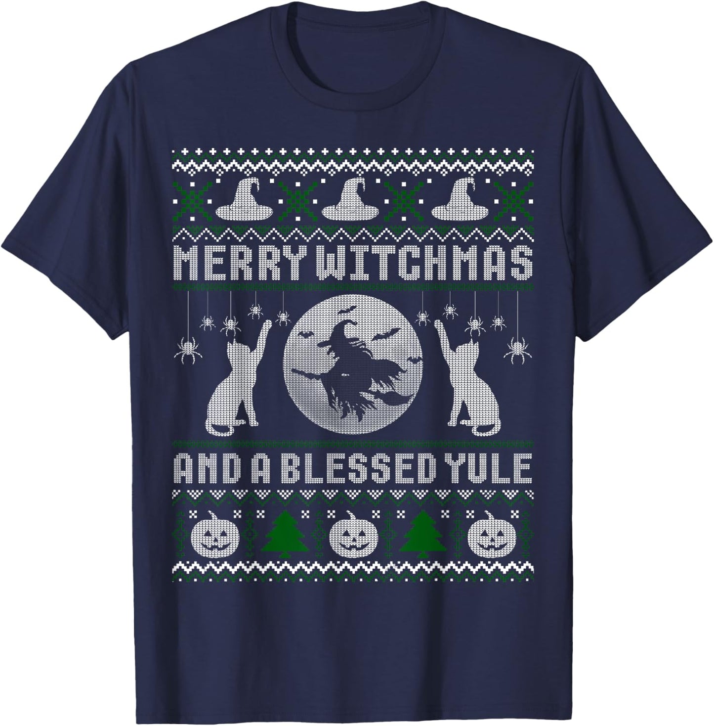 Merry Witchmas Cat Lover Ugly Christmas Sweaters Men Women Kids T-Shirt - T-Shirt | Navy