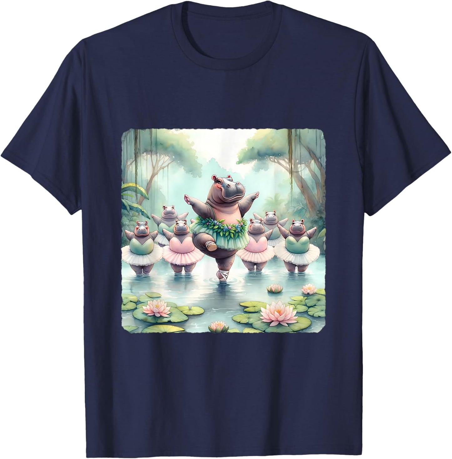 Hippos Ballet In River With Jungle Backdrop T-Shirt - T-Shirt | Navy