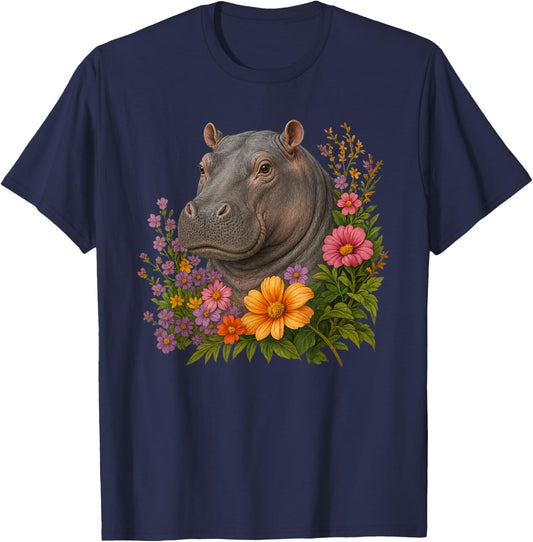 Hippopotamus Flower Floral Cute Hippo Lover T-Shirt - T-Shirt | Navy