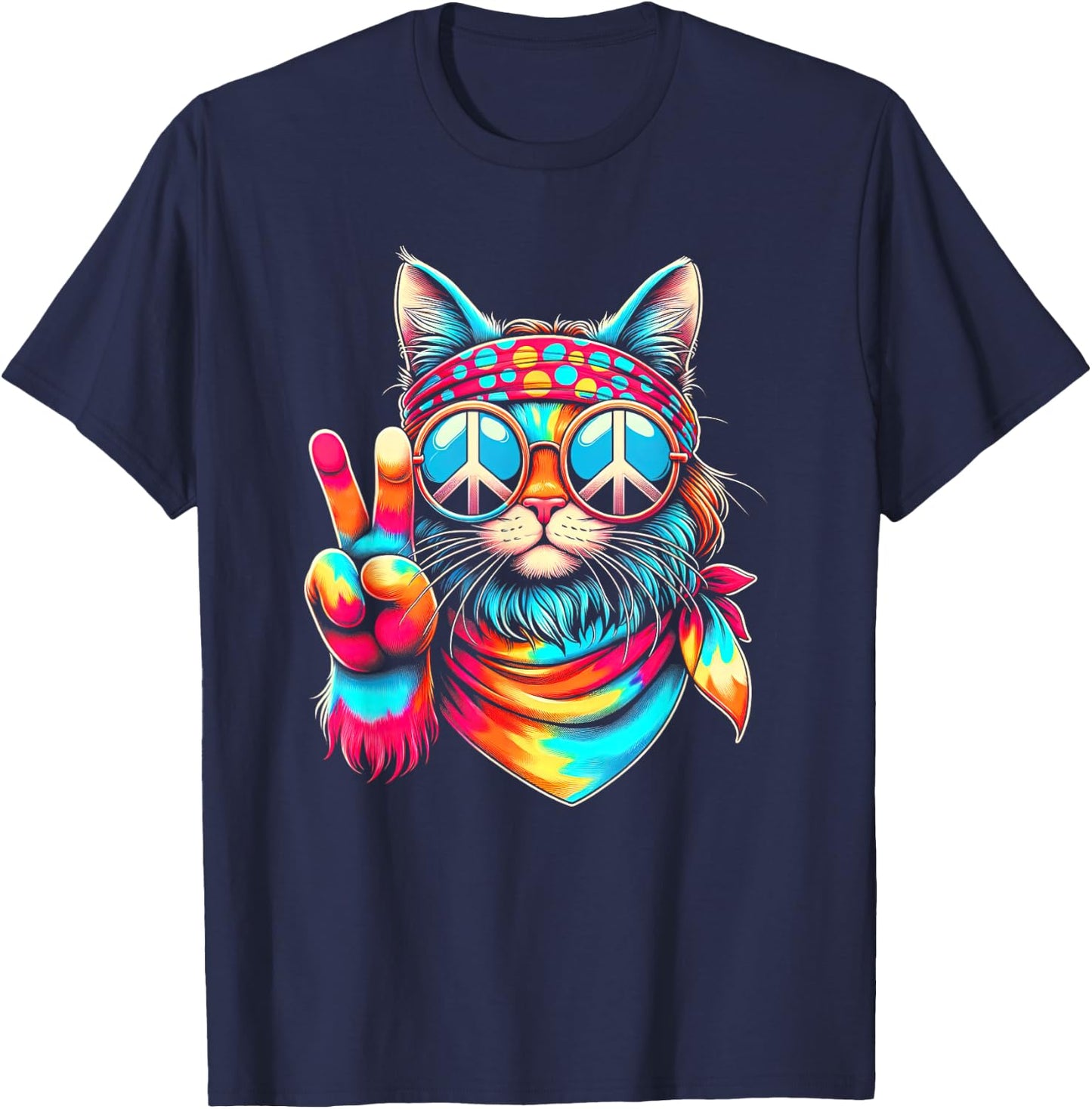 Funny Peace Cat Retro 70s Rainbow Hippie Cat Peace Sign Hand T-Shirt - T-Shirt | Navy