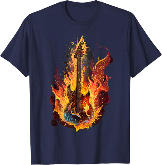 Fire Guitar Described with Flames and Smoke T-Shirt - T-Shirt | Navy