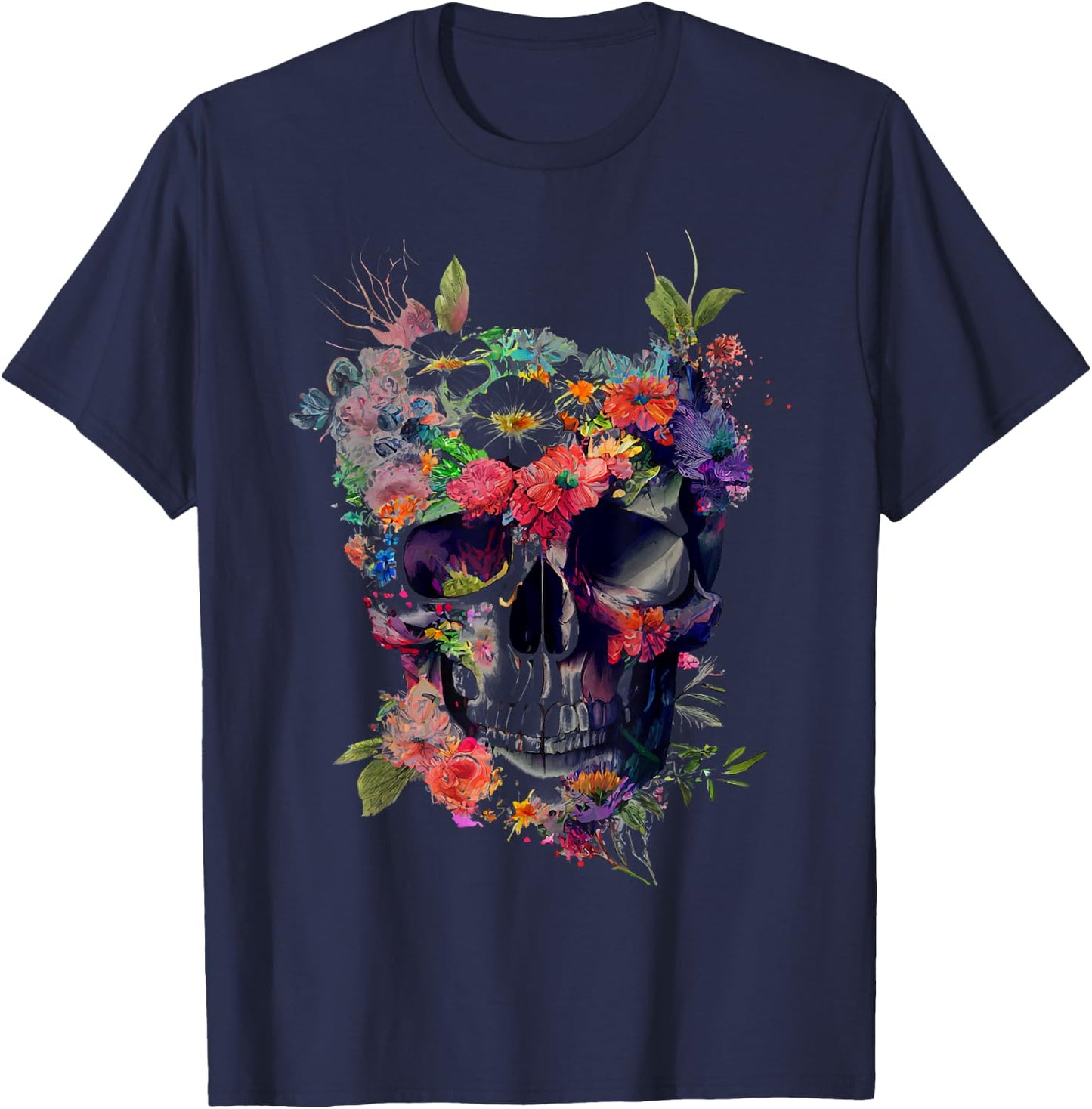 Totenkopf mit Blumen T-Shirt - T-Shirt | Navy