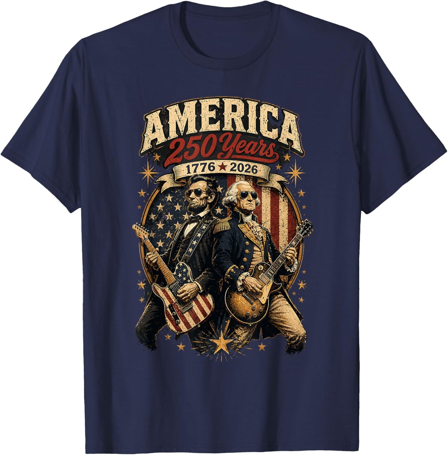 George Washington Abraham Lincoln Playing Guitar 4th July T-Shirt - T-Shirt | Navy