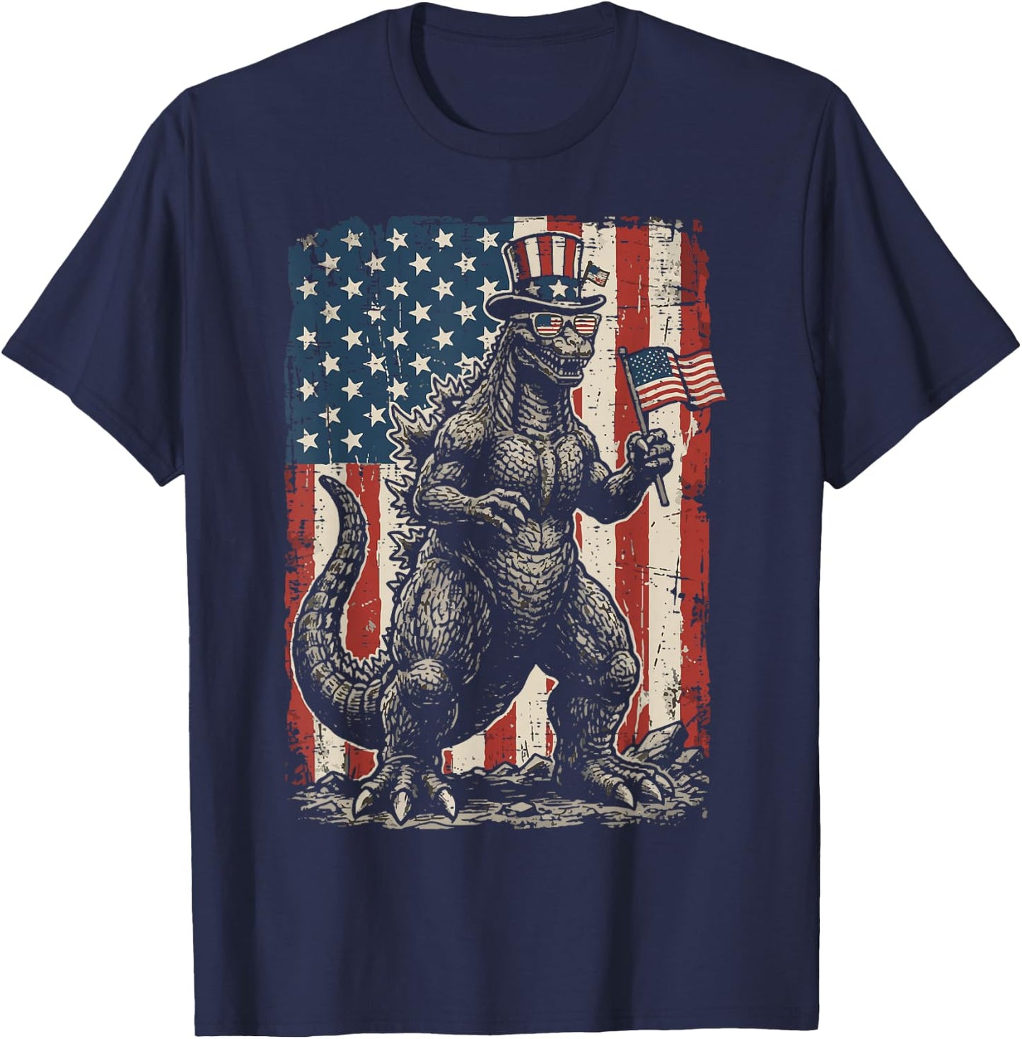 Japanese Lizard Monster US Flag 4th of July Men Women Kids T-Shirt - T-Shirt | Navy