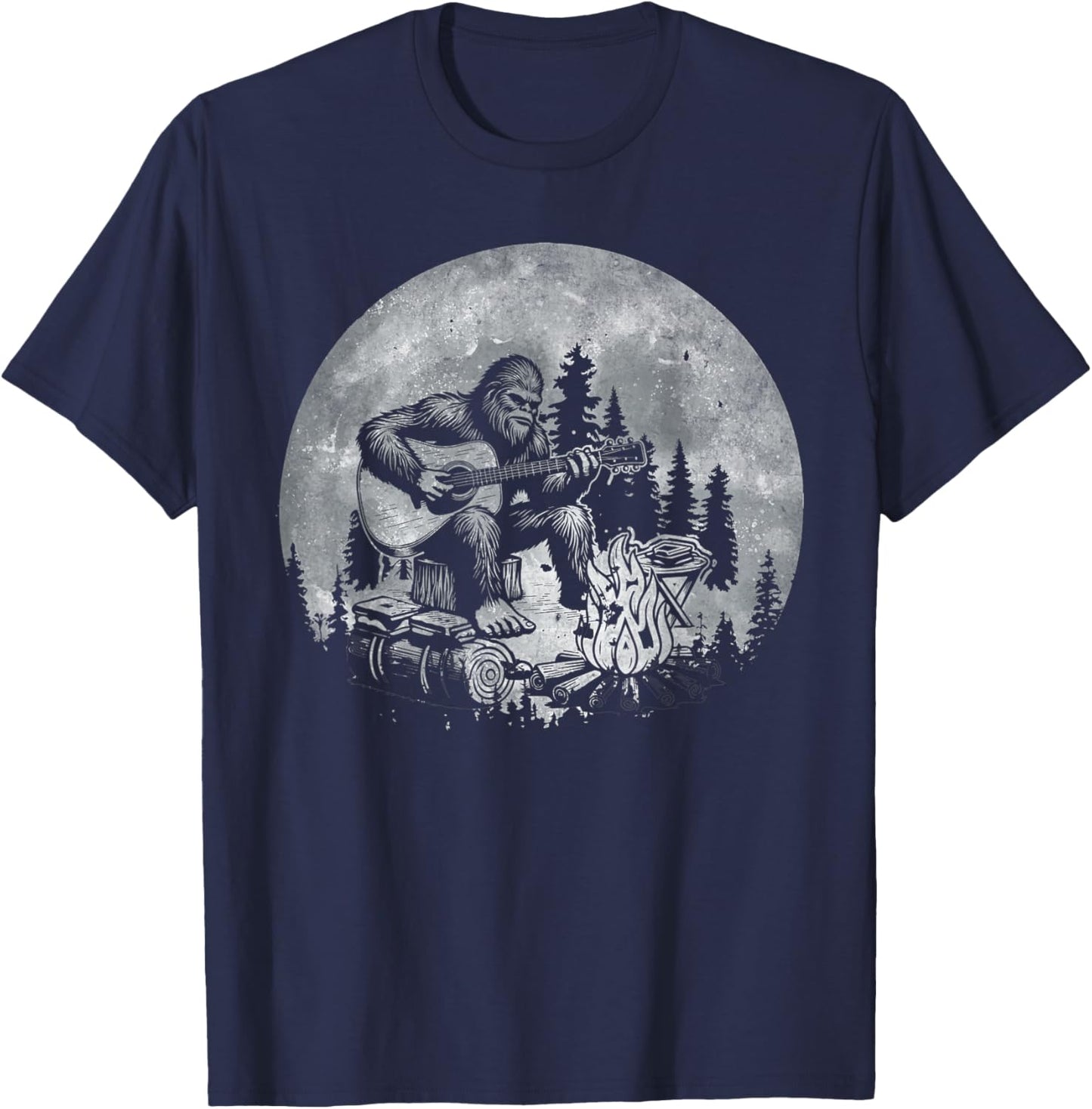 Rock Music Bigfoot Camping Full Moon Bigfoot Playing Guitar T-Shirt - T-Shirt | Navy