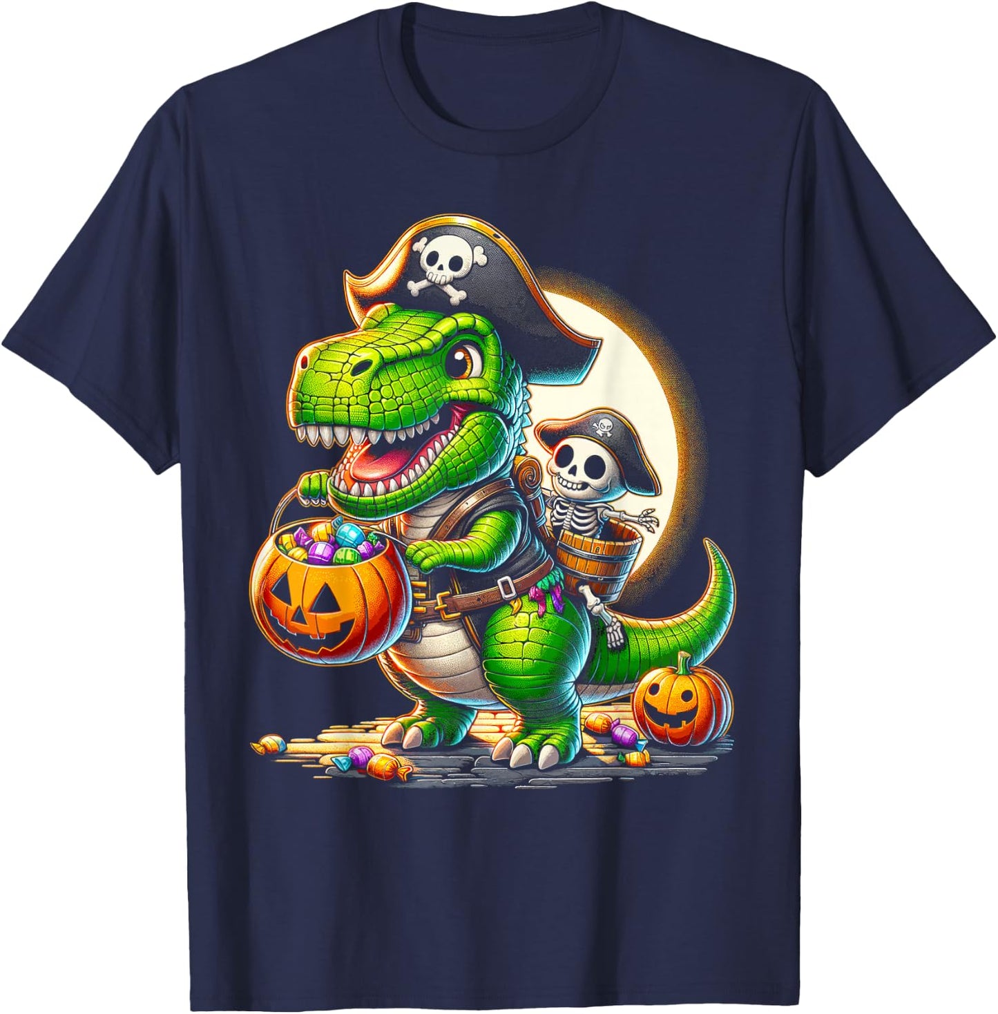 Halloween Funny T Rex Dinosaur Pirate Boys Trick Treat T-Shirt - T-Shirt | Navy