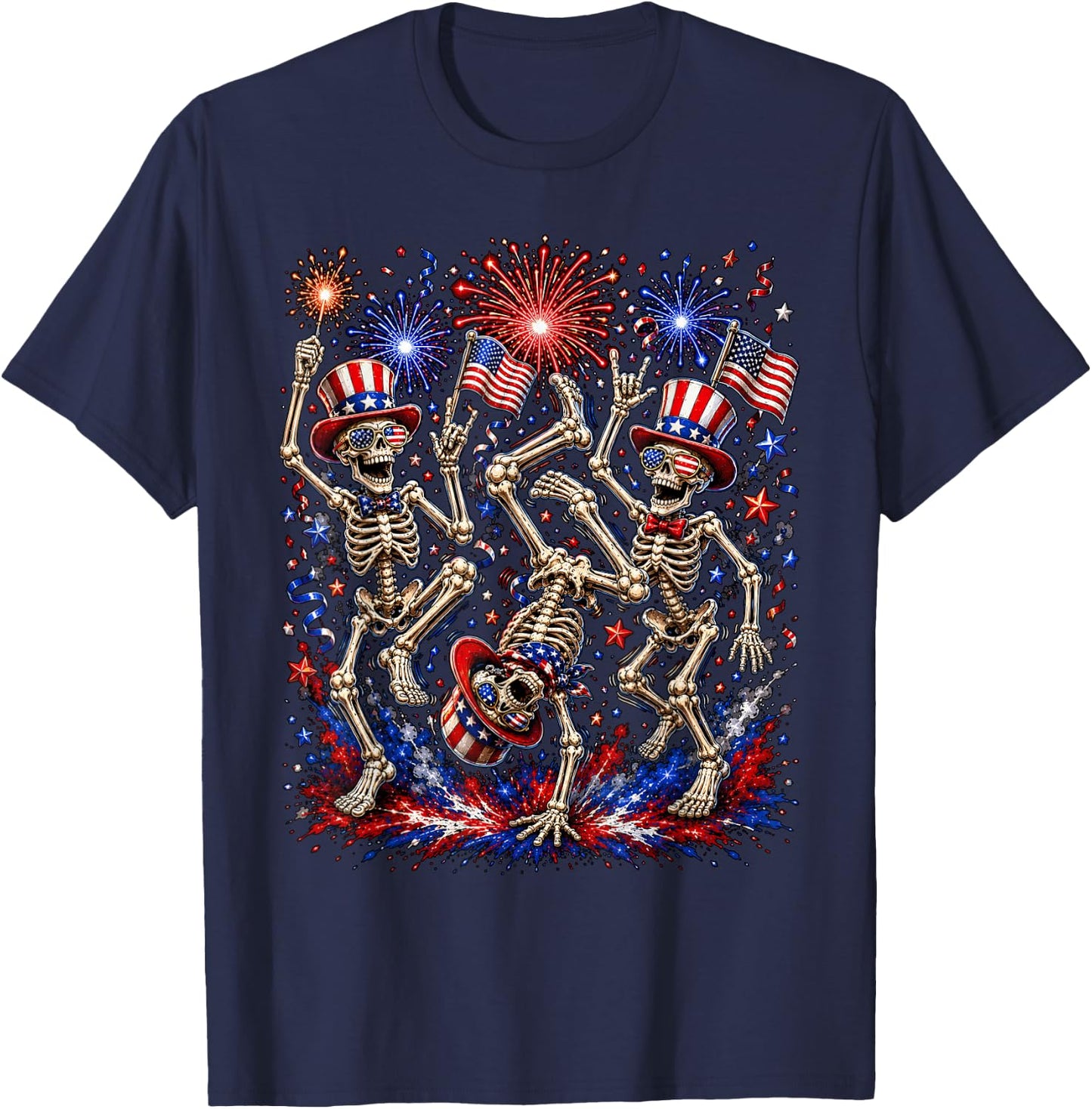 USA Fireworks Patriotic Dancing Skeletons 4th of July Gothic T-Shirt - T-Shirt | Navy