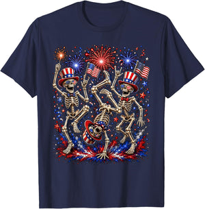 USA Fireworks Patriotic Dancing Skeletons 4th of July Gothic T-Shirt - T-Shirt | Navy
