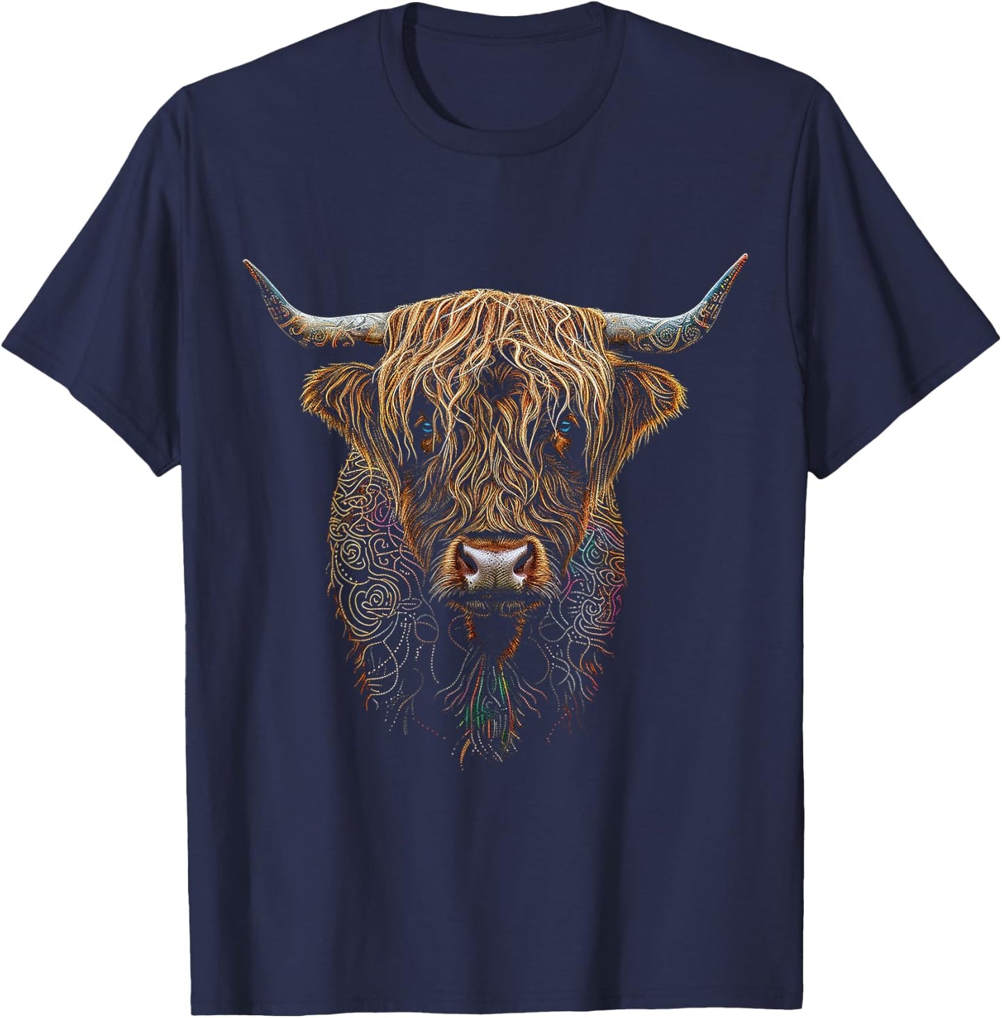 Highland Cow Mandala Animal Art Graphic Highland Cow T-Shirt - T-Shirt | Navy