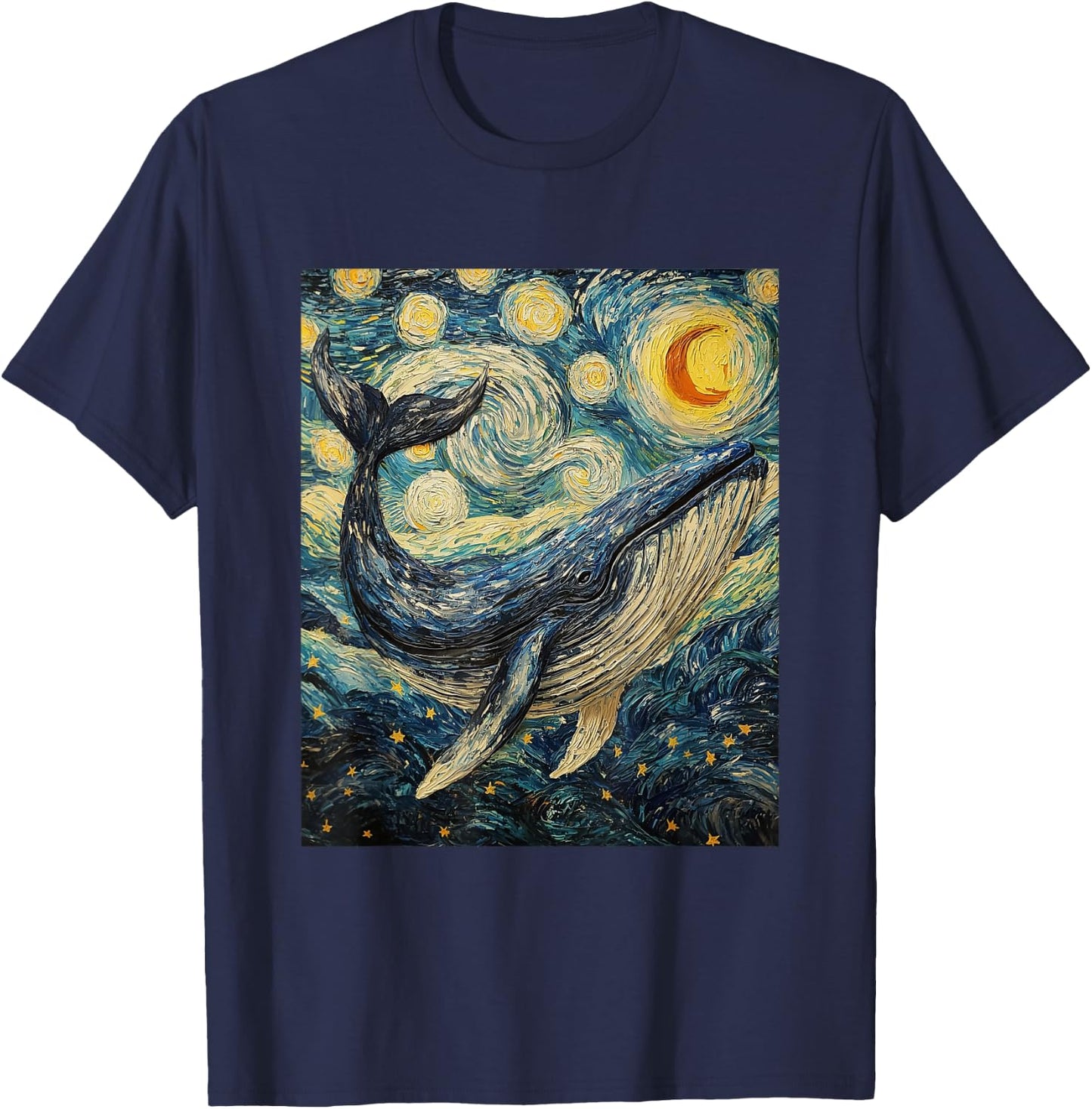 Whale Fish Van Gogh Style Starry Night Sea Graphic T-Shirt - T-Shirt | Navy