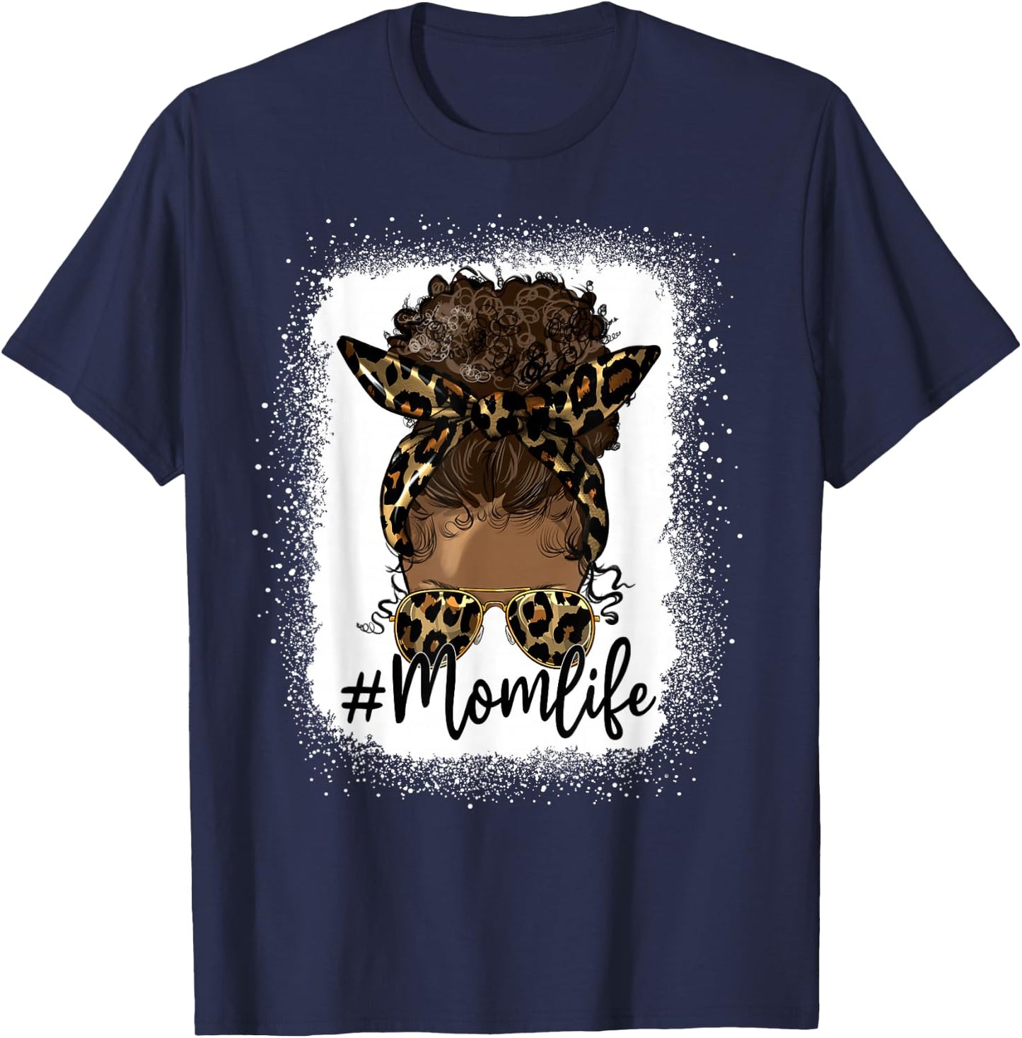 Mom Life Black Women Afro Messy Bun Leopard Mother's Day T-Shirt - T-Shirt | Navy
